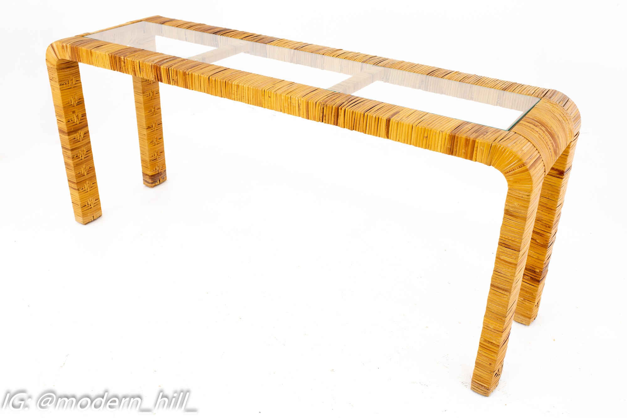 Mid Century Rattan and Glass Sofa Foyer Entry Console Table