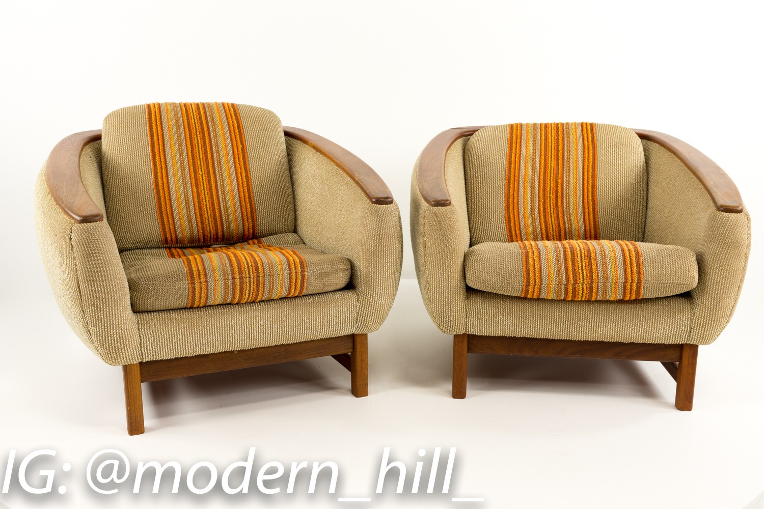Mid-century Modern R Huber Teak Arm Barrel Lounge Chairs