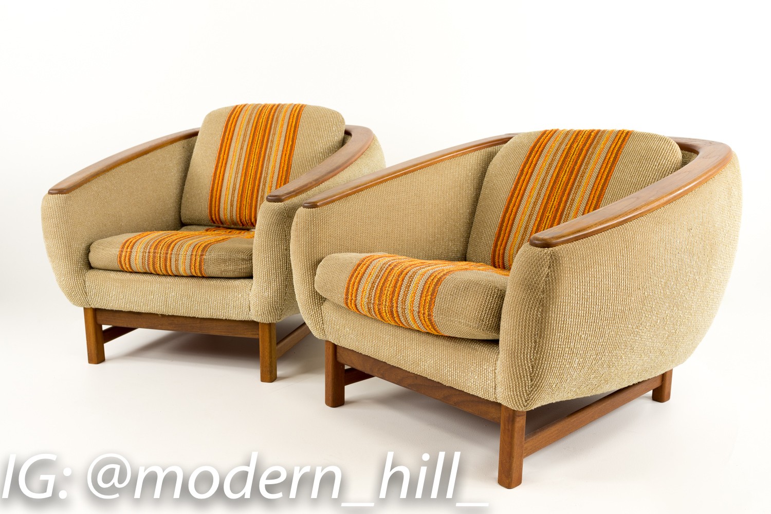 Mid-century Modern R Huber Teak Arm Barrel Lounge Chairs