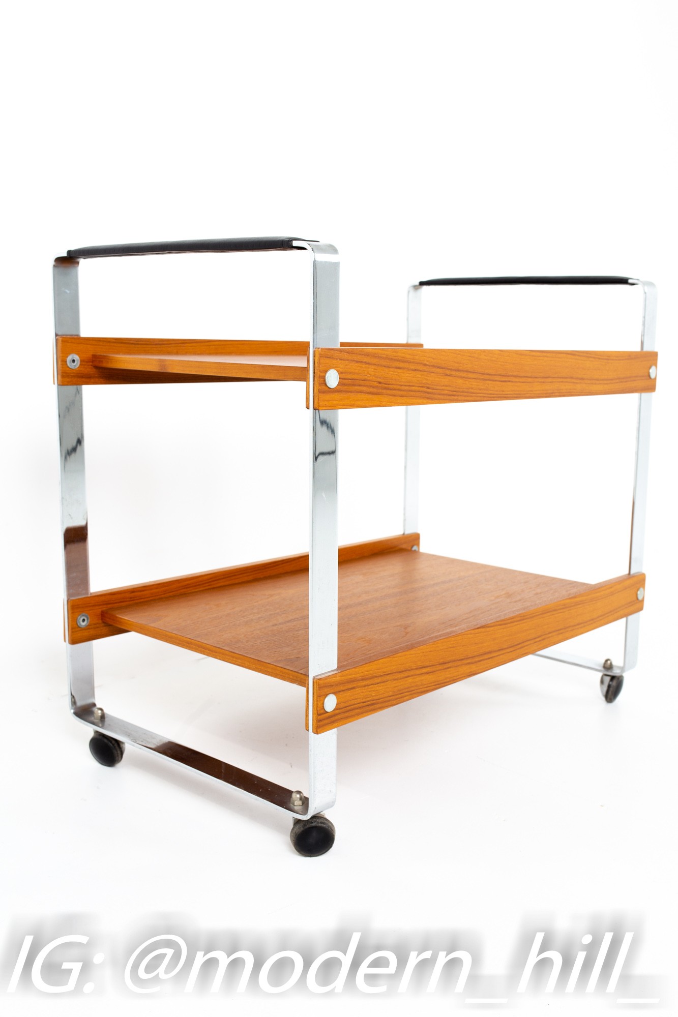Mid Century Teak Chrome and Leather Bar Serving Cart