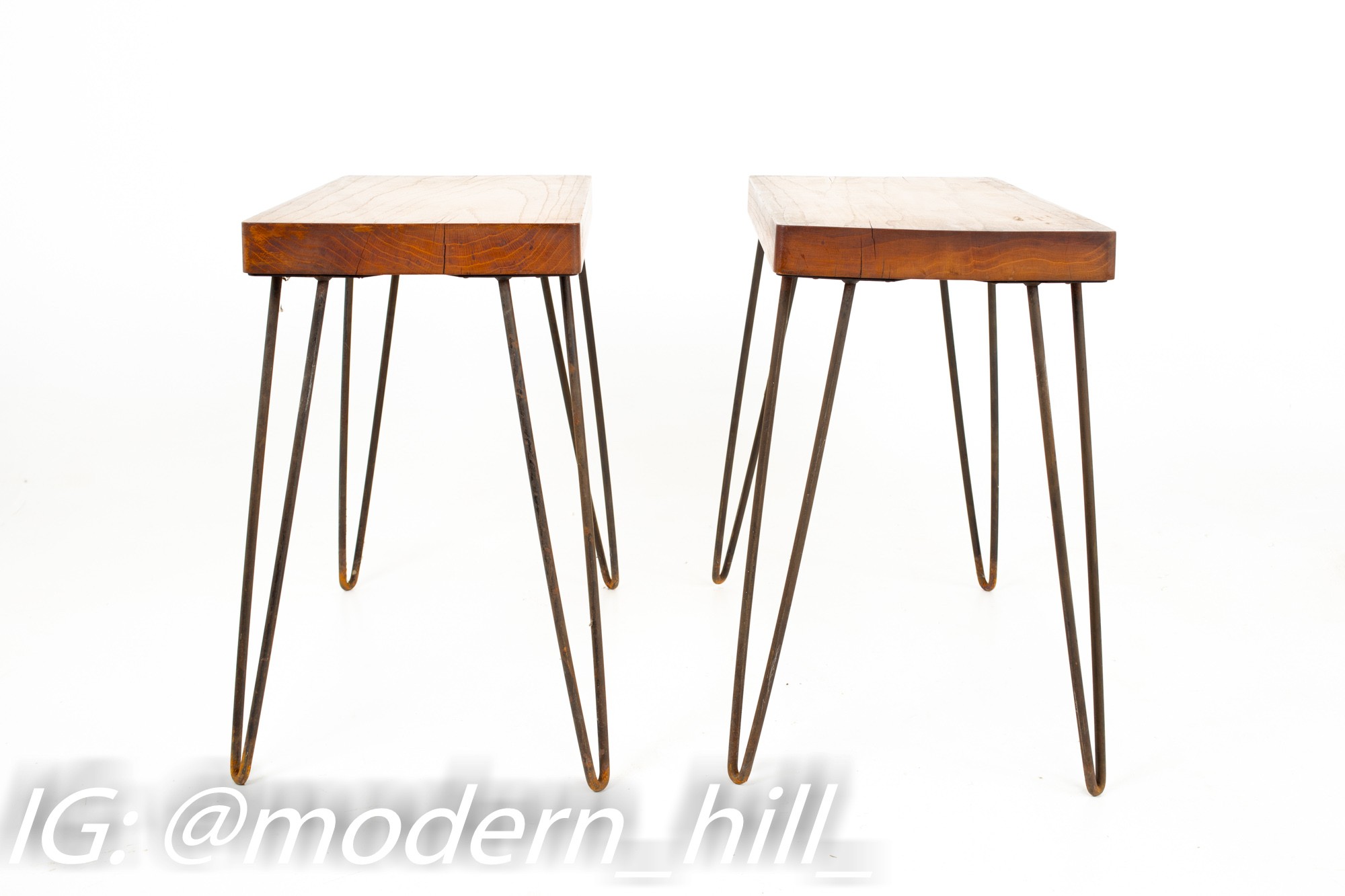 Mid Century Solid Red Oak and Wrought Iron Hairpin Side End Tables - a Pair