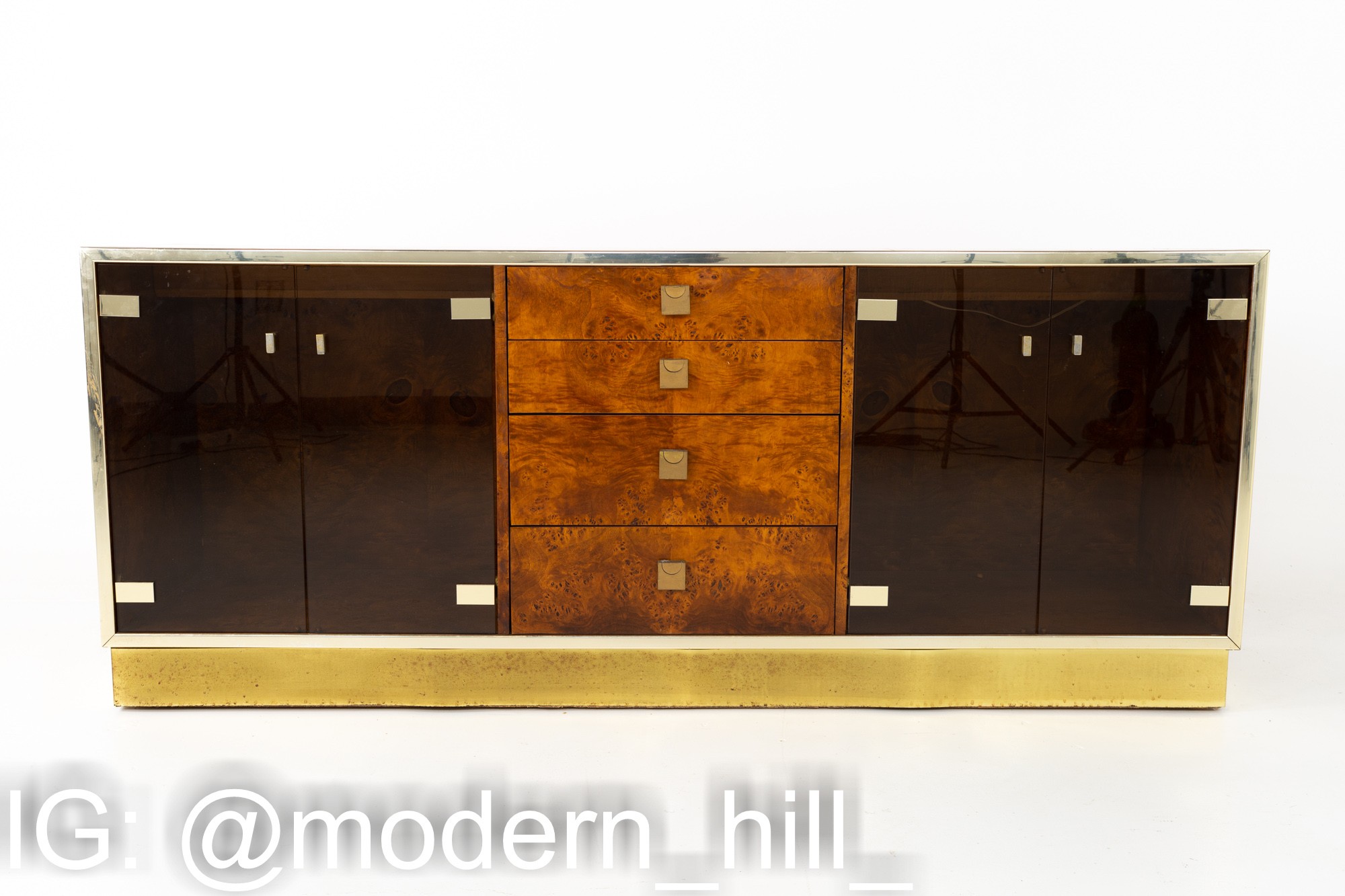 Milo Baughman Style Founders Mid Century Burlwood Brass Chrome and Glass Sideboard Credenza
