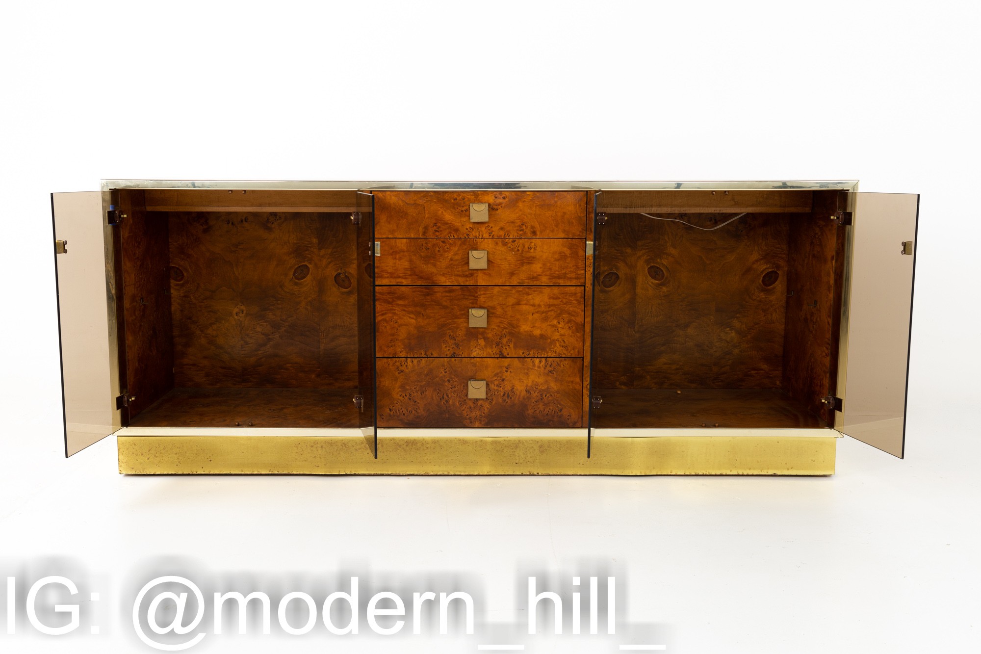 Milo Baughman Style Founders Mid Century Burlwood Brass Chrome and Glass Sideboard Credenza