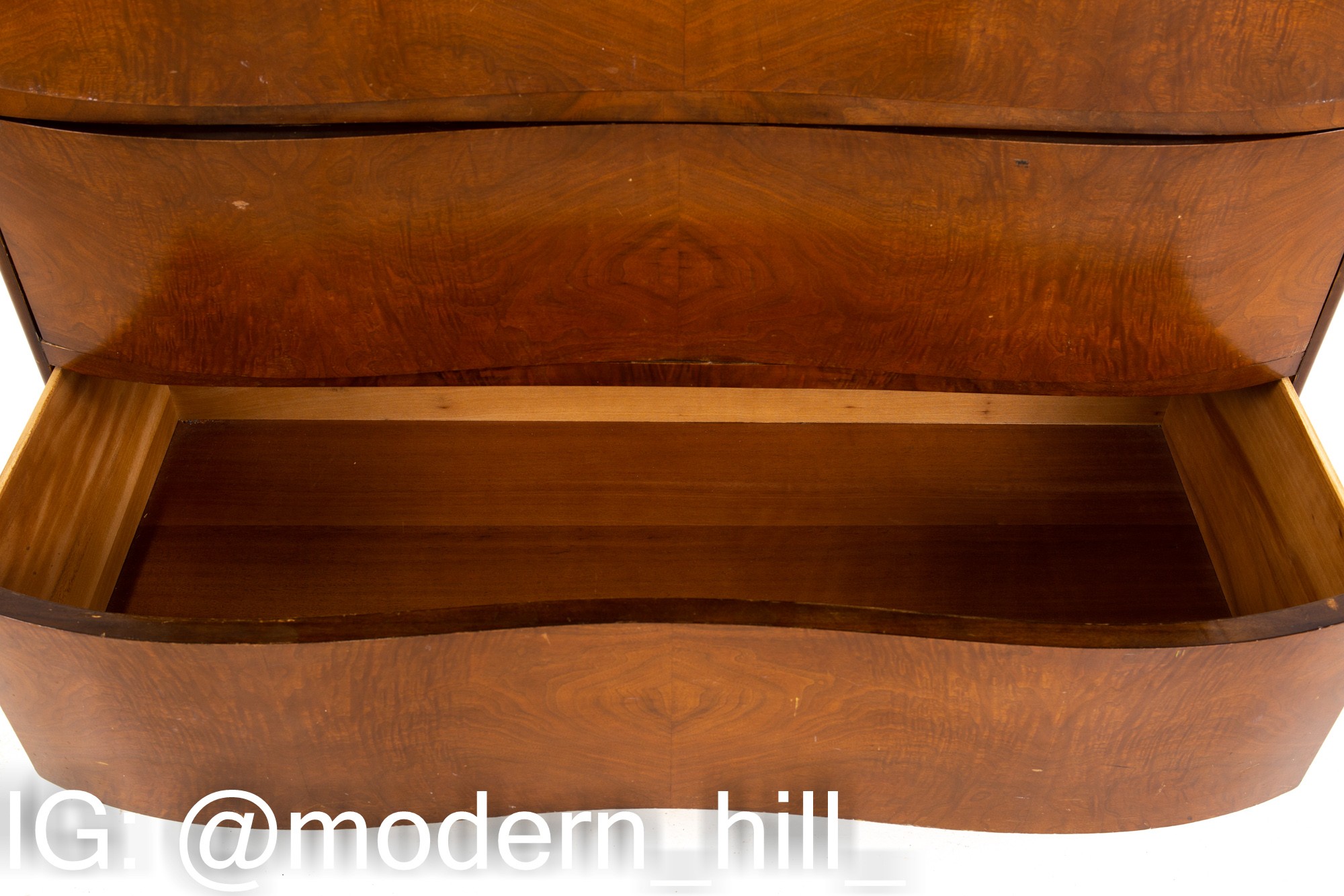 Mid Century Burlwood 3 Drawer Dresser Chest