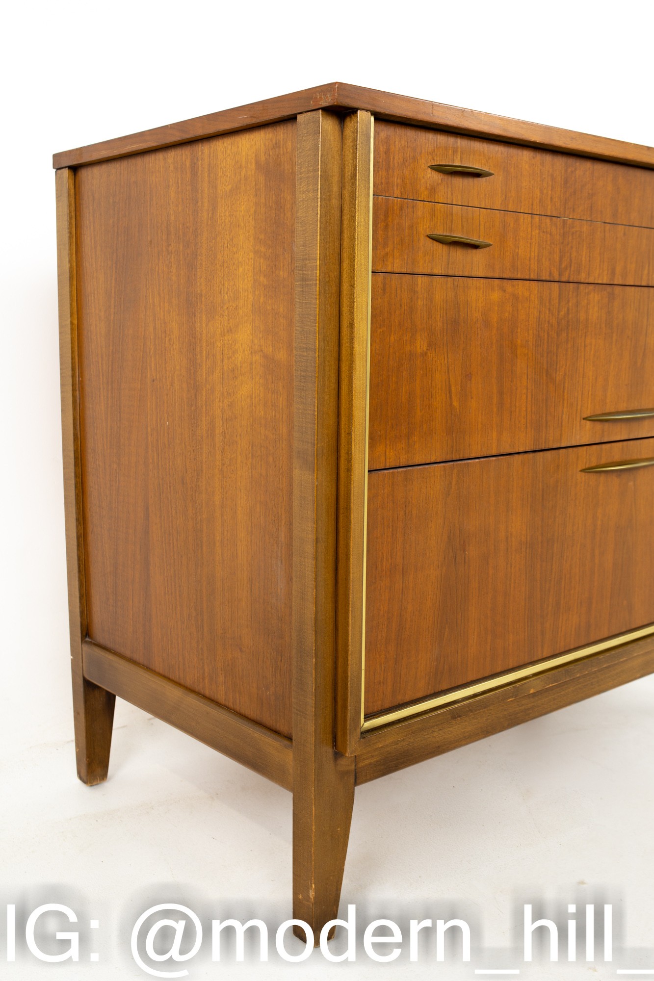 Paul Mccobb Style West Michigan Furniture Company Mid Century Walnut and Brass 3 Drawer Dresser Chest