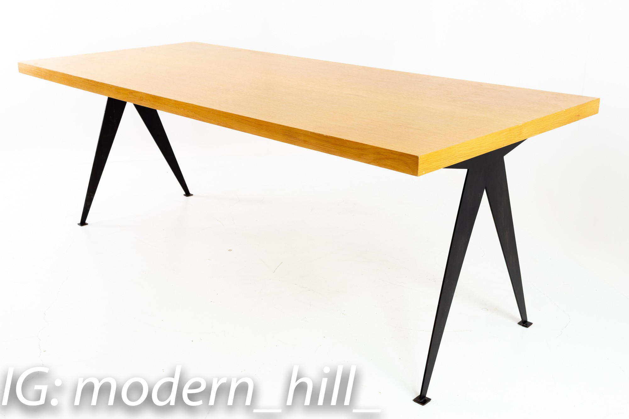 Mid Century Wrought Iron Base Blonde Dining Table