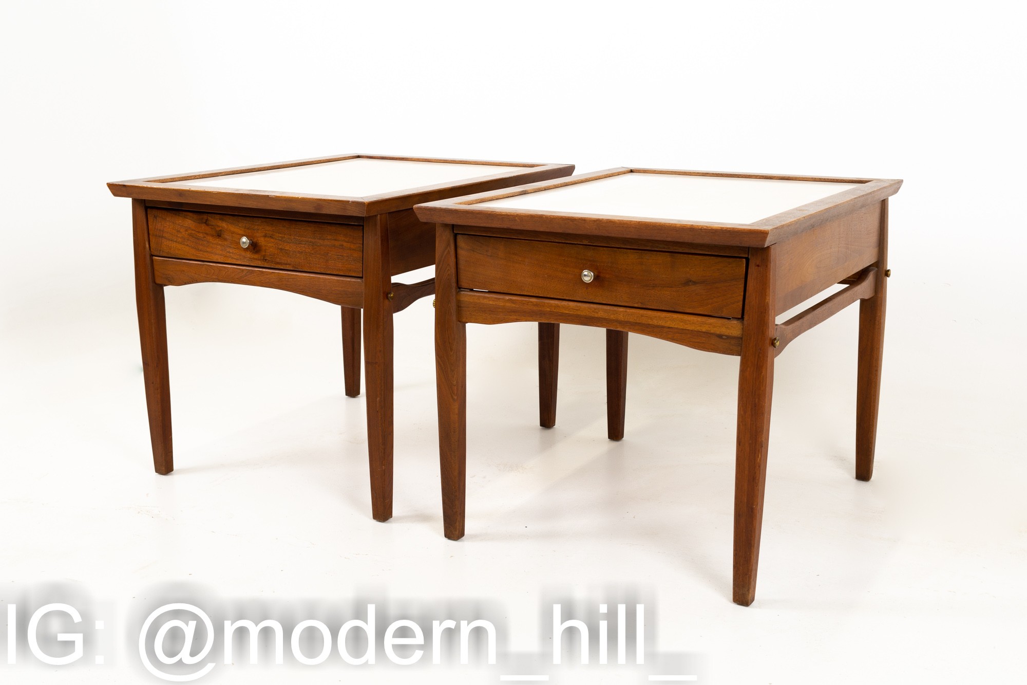 Mid Century Walnut and White Laminate Side End Tables - Pair