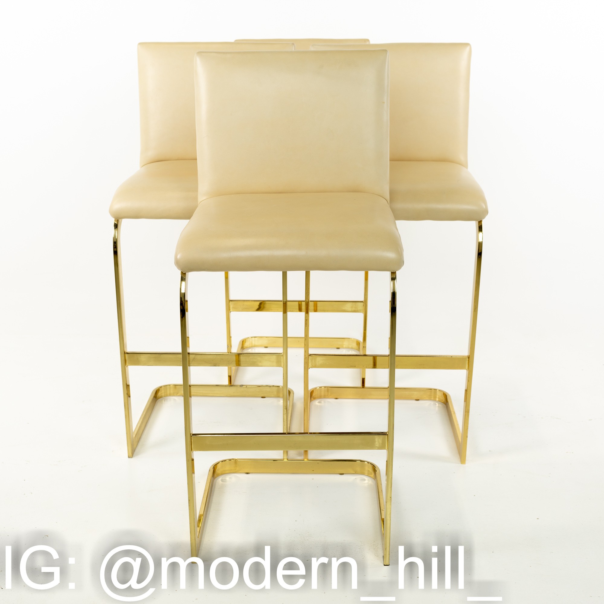 Milo Baughman Style Mid Century Brass and Cream Upholstered Cantilever Bar Stools - Set of 4