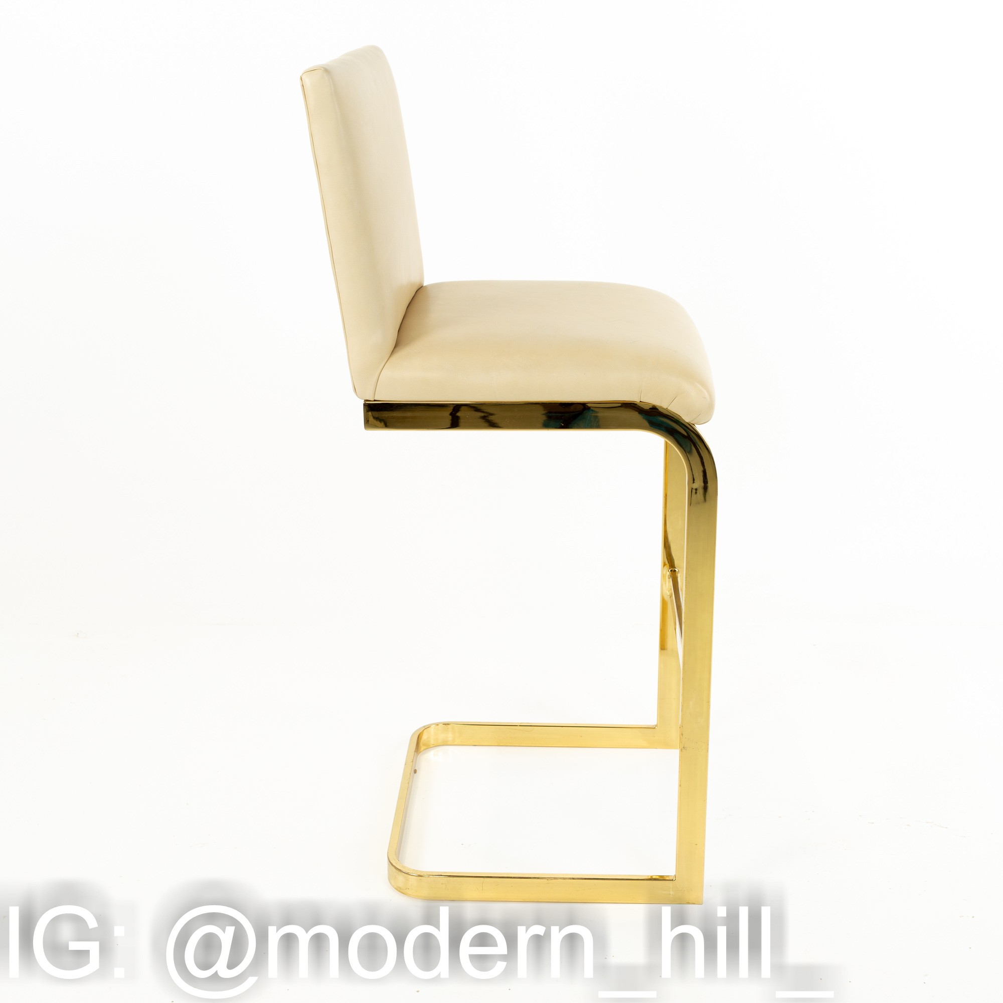 Milo Baughman Style Mid Century Brass and Cream Upholstered Cantilever Bar Stools - Set of 4