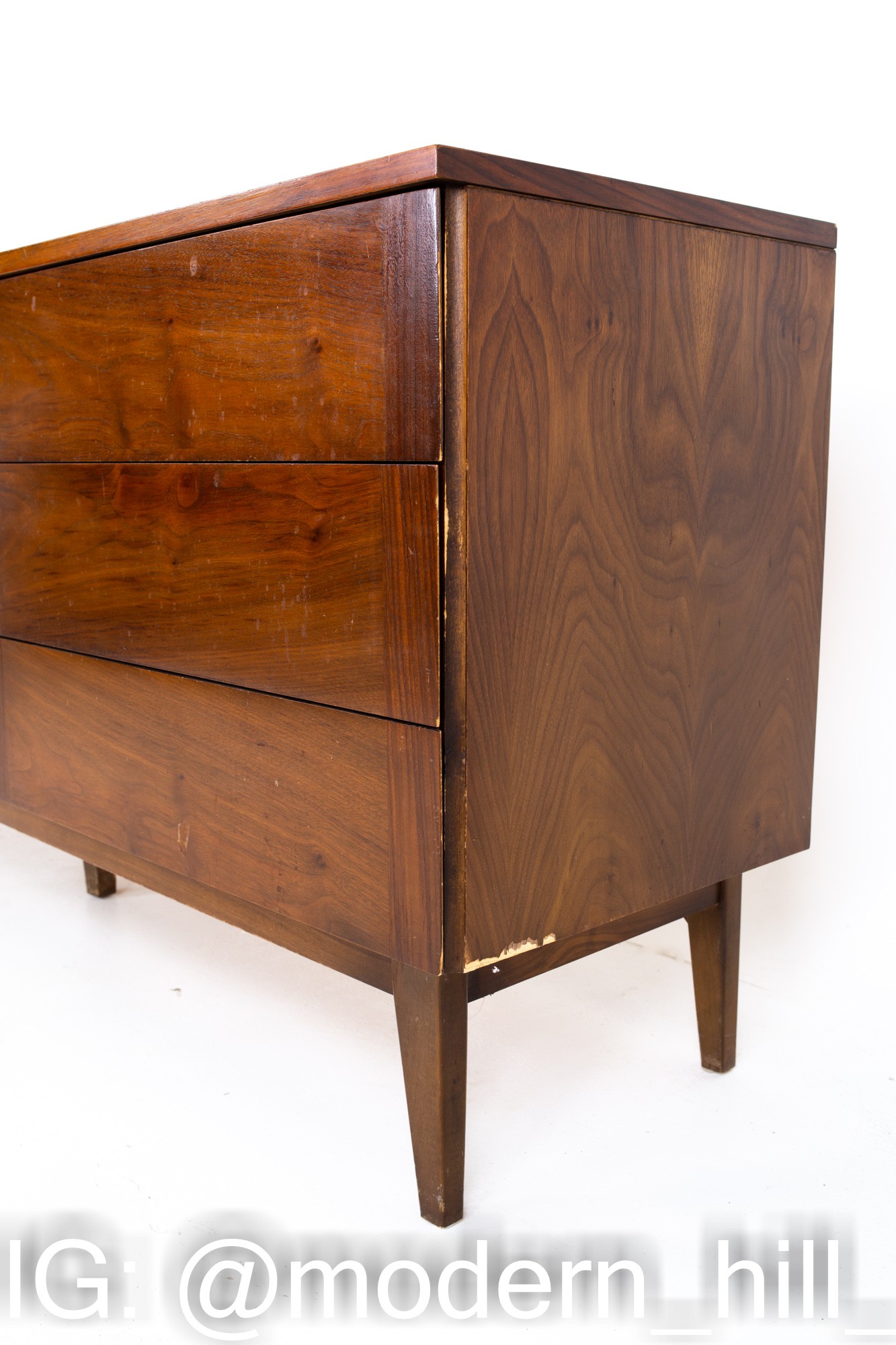 Stanley Mid Century Walnut and Brass 9 Drawer Lowboy Dresser