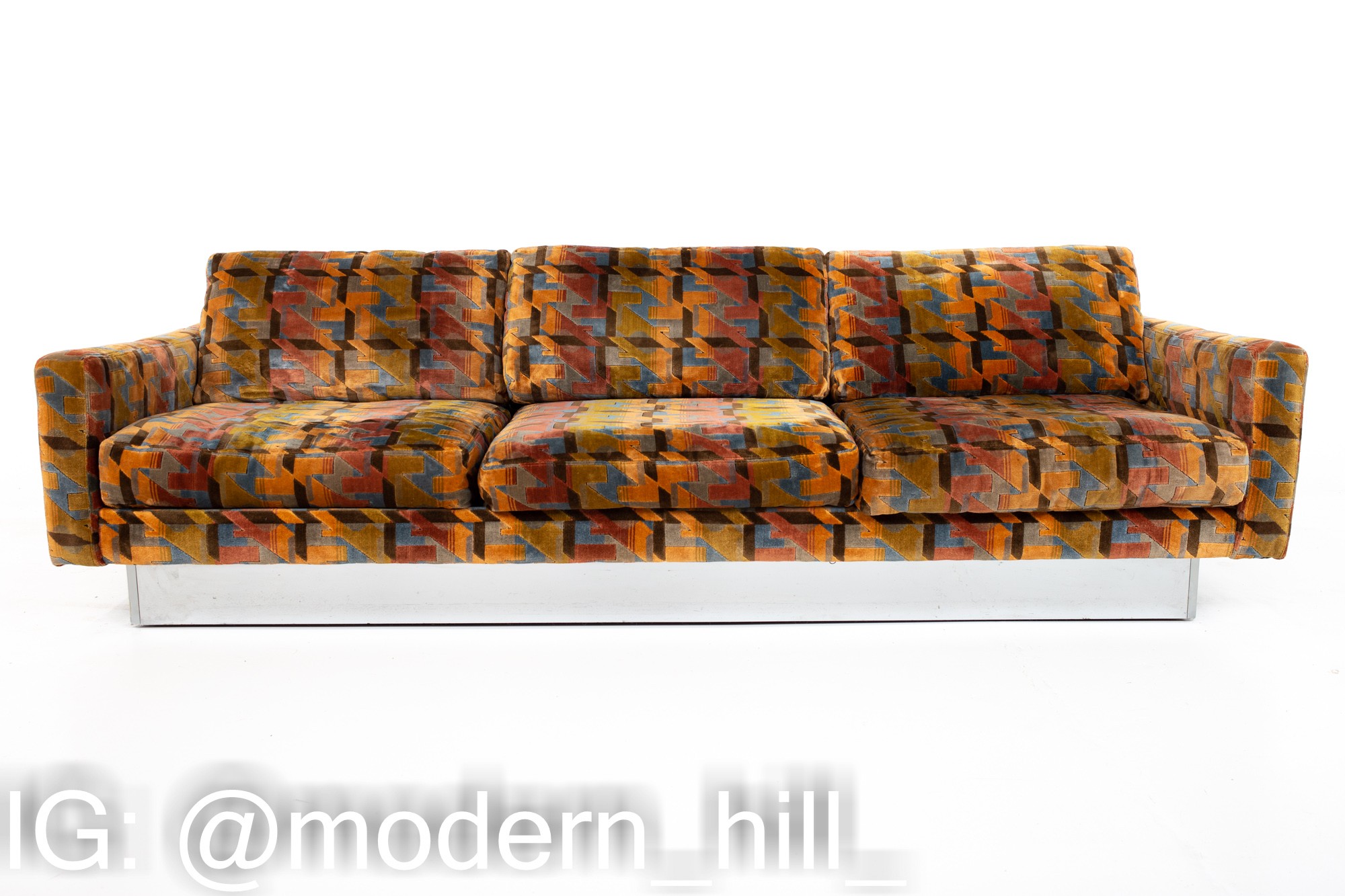 Baughman Style Selig Mid Century Multi-color Houndstooth and Chrome Floating Sofa