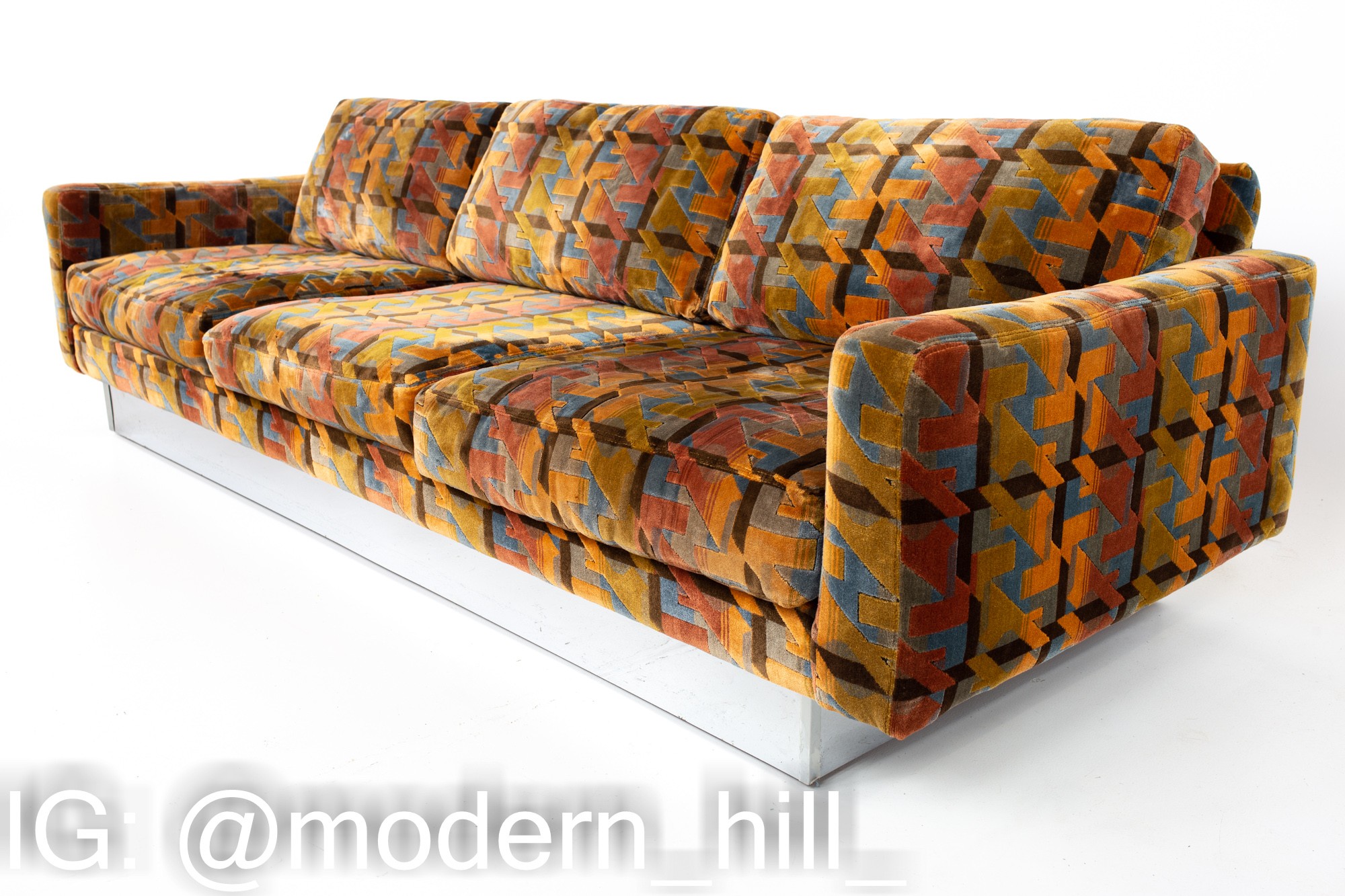 Baughman Style Selig Mid Century Multi-color Houndstooth and Chrome Floating Sofa