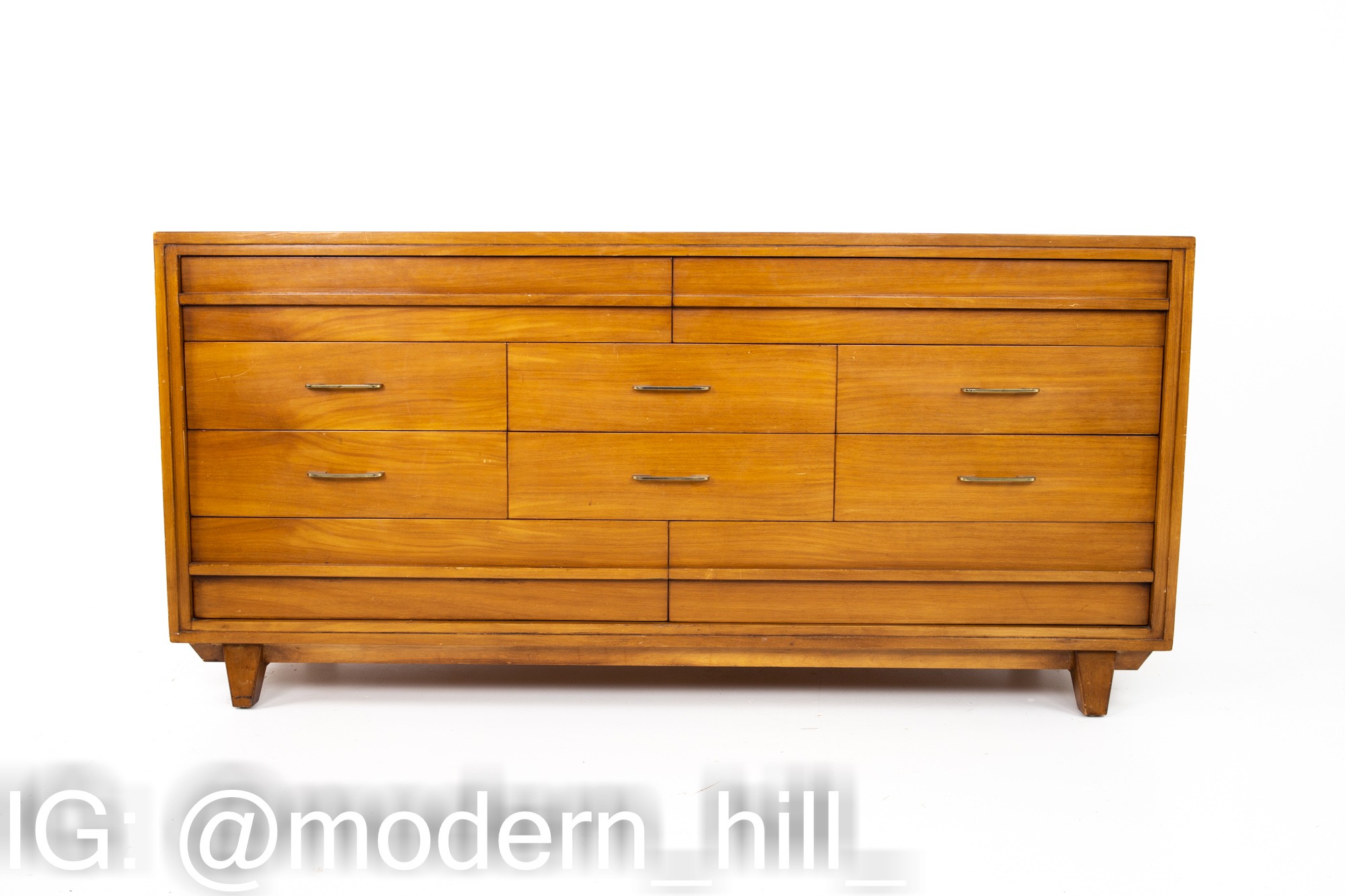 R-Way Mid Century Honey Walnut and Brass 10 Drawer Lowboy Dresser