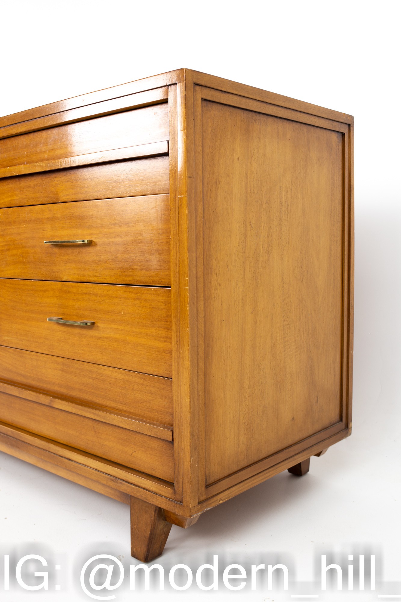 R-Way Mid Century Honey Walnut and Brass 10 Drawer Lowboy Dresser