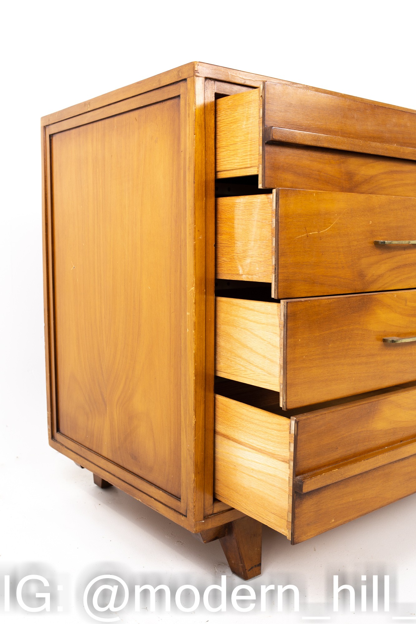 R-Way Mid Century Honey Walnut and Brass 10 Drawer Lowboy Dresser