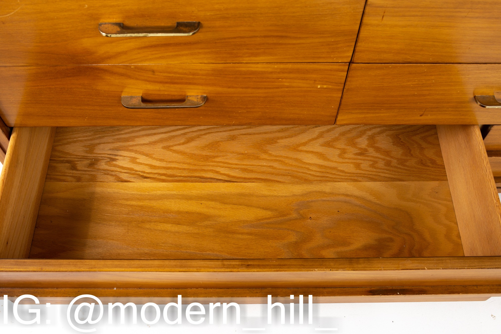 R-Way Mid Century Honey Walnut and Brass 10 Drawer Lowboy Dresser