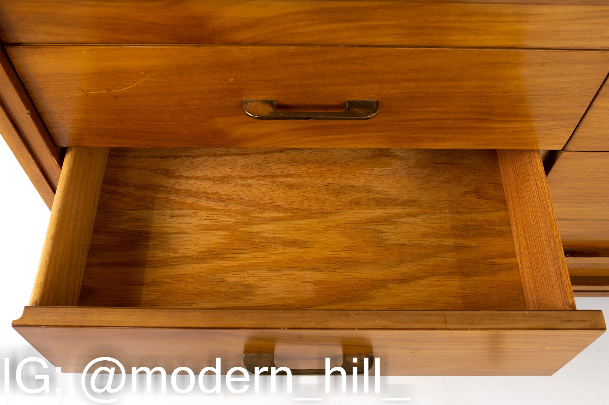 R-Way Mid Century Honey Walnut and Brass 10 Drawer Lowboy Dresser