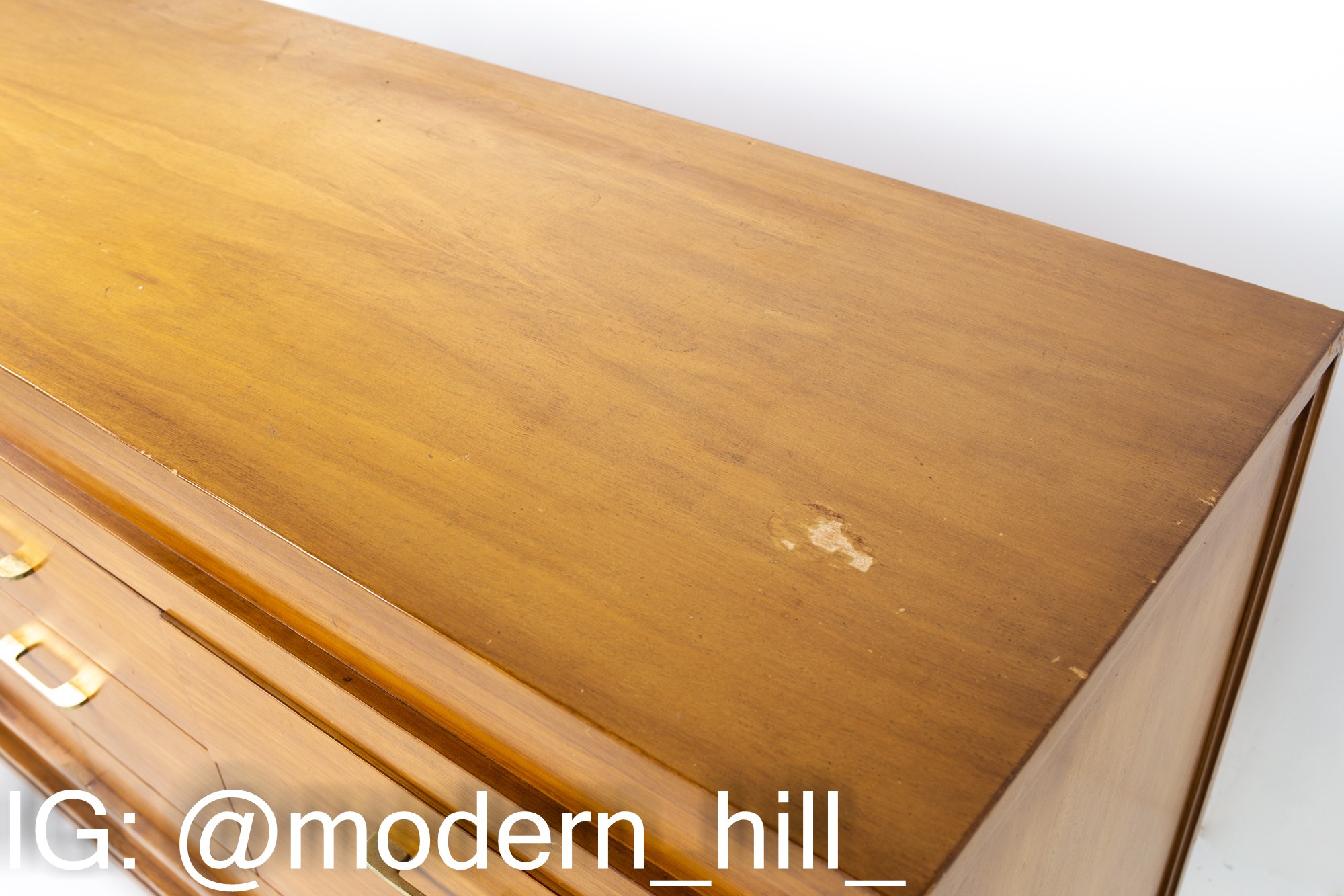 R-Way Mid Century Honey Walnut and Brass 10 Drawer Lowboy Dresser