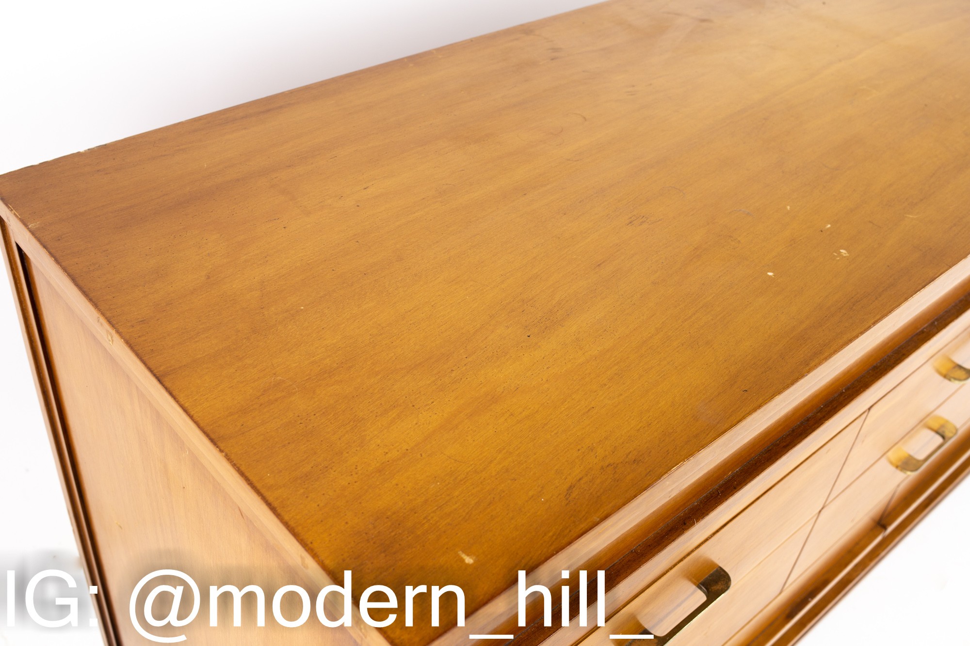 R-Way Mid Century Honey Walnut and Brass 10 Drawer Lowboy Dresser