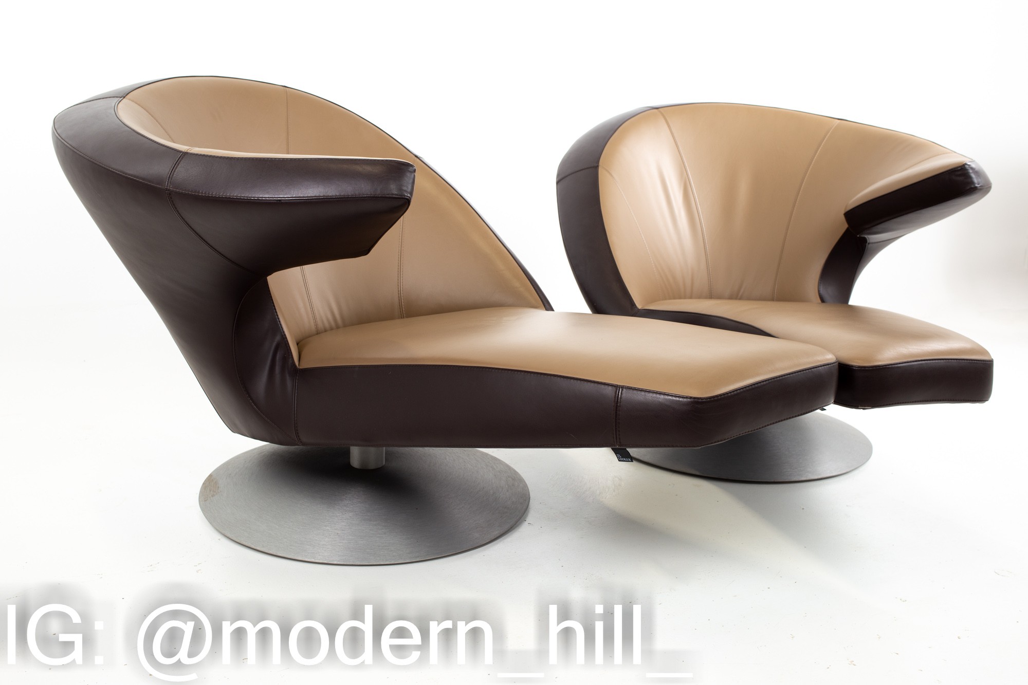 Leolux Leather Swivel Chaise Lounge Chairs - Pair