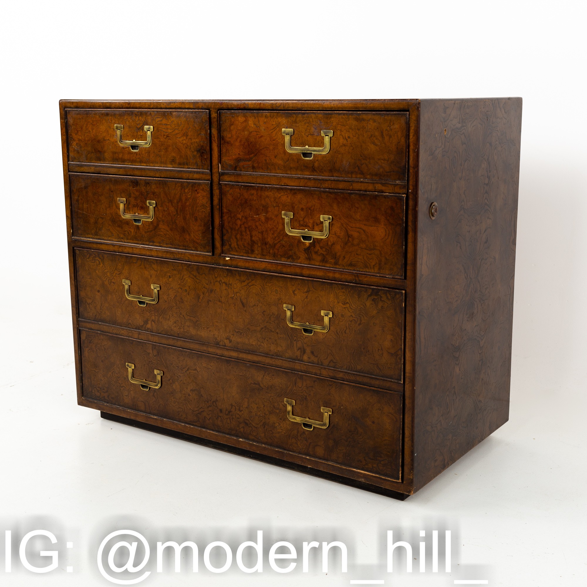 John Widdicomb Mid Century Campaign Style 3 Piece Burlwood Dresser and Vanity Set
