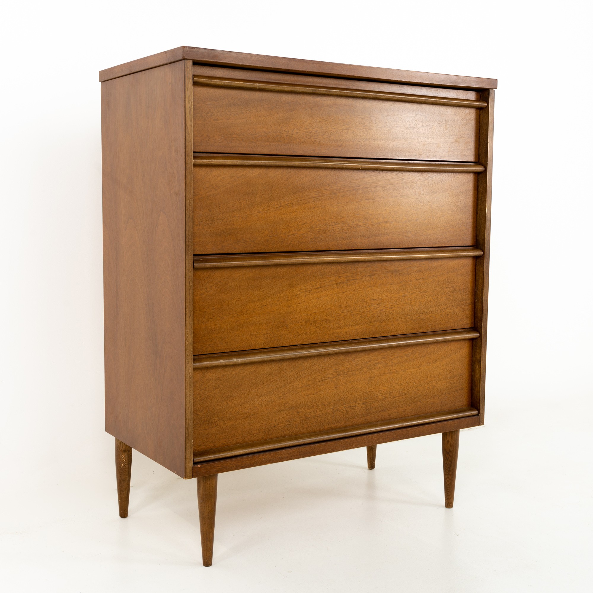 Paul McCobb Style Bassett Mid Century Walnut 4 Drawer Highboy Dresser