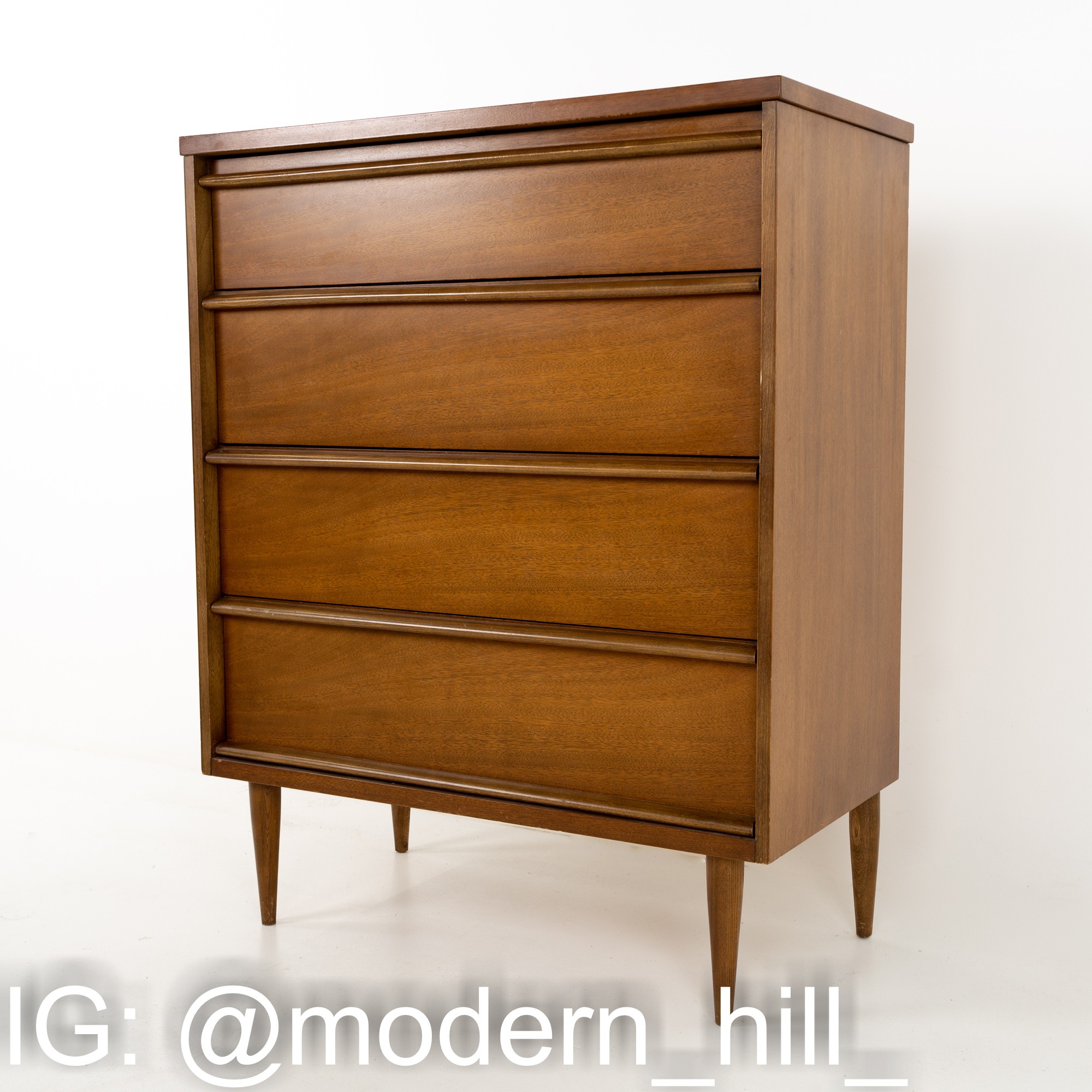 Paul Mccobb Style Bassett Mid Century Walnut 4 Drawer Highboy Dresser