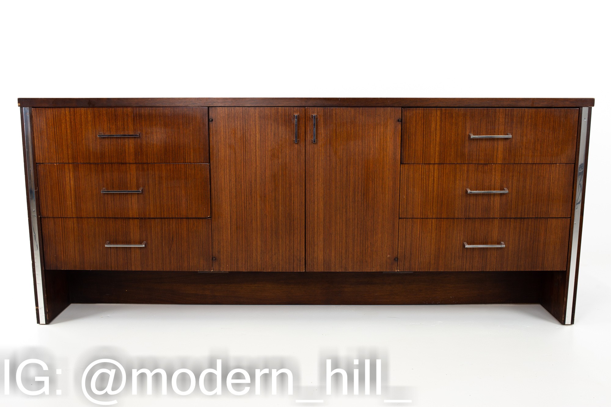 Broyhill Premier Mid Century Walnut and Chrome 9 Drawer Lowboy Dresser