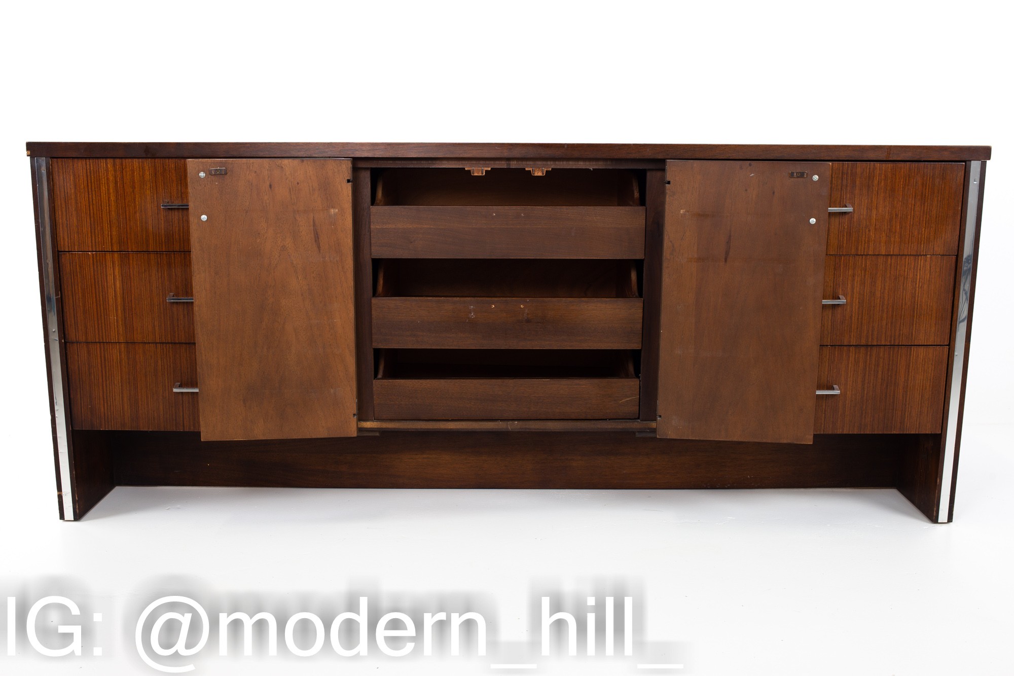 Broyhill Premier Mid Century Walnut and Chrome 9 Drawer Lowboy Dresser