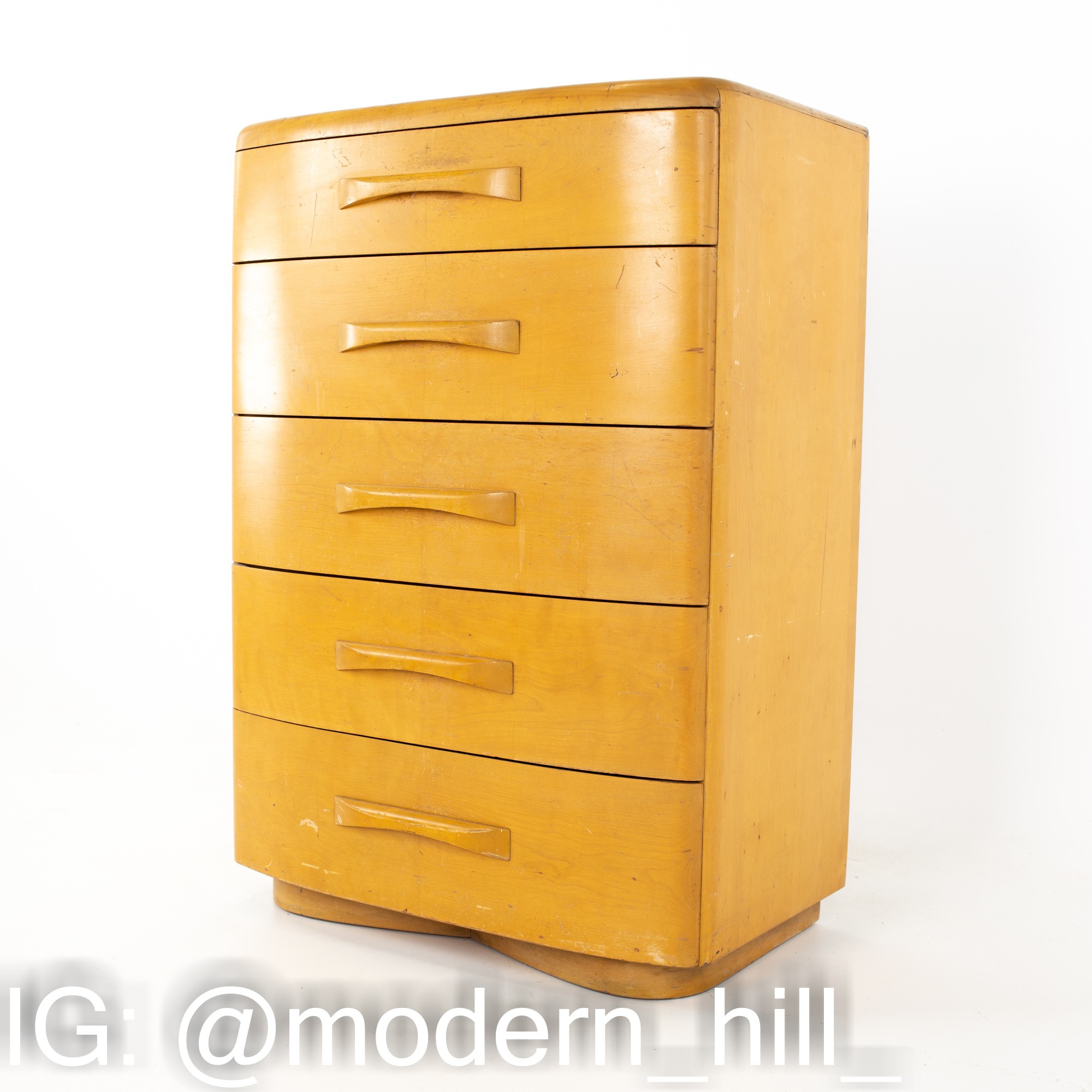 Heywood Wakefield Mid Century Blonde Solid Wood 5 Drawer Highboy Dresser