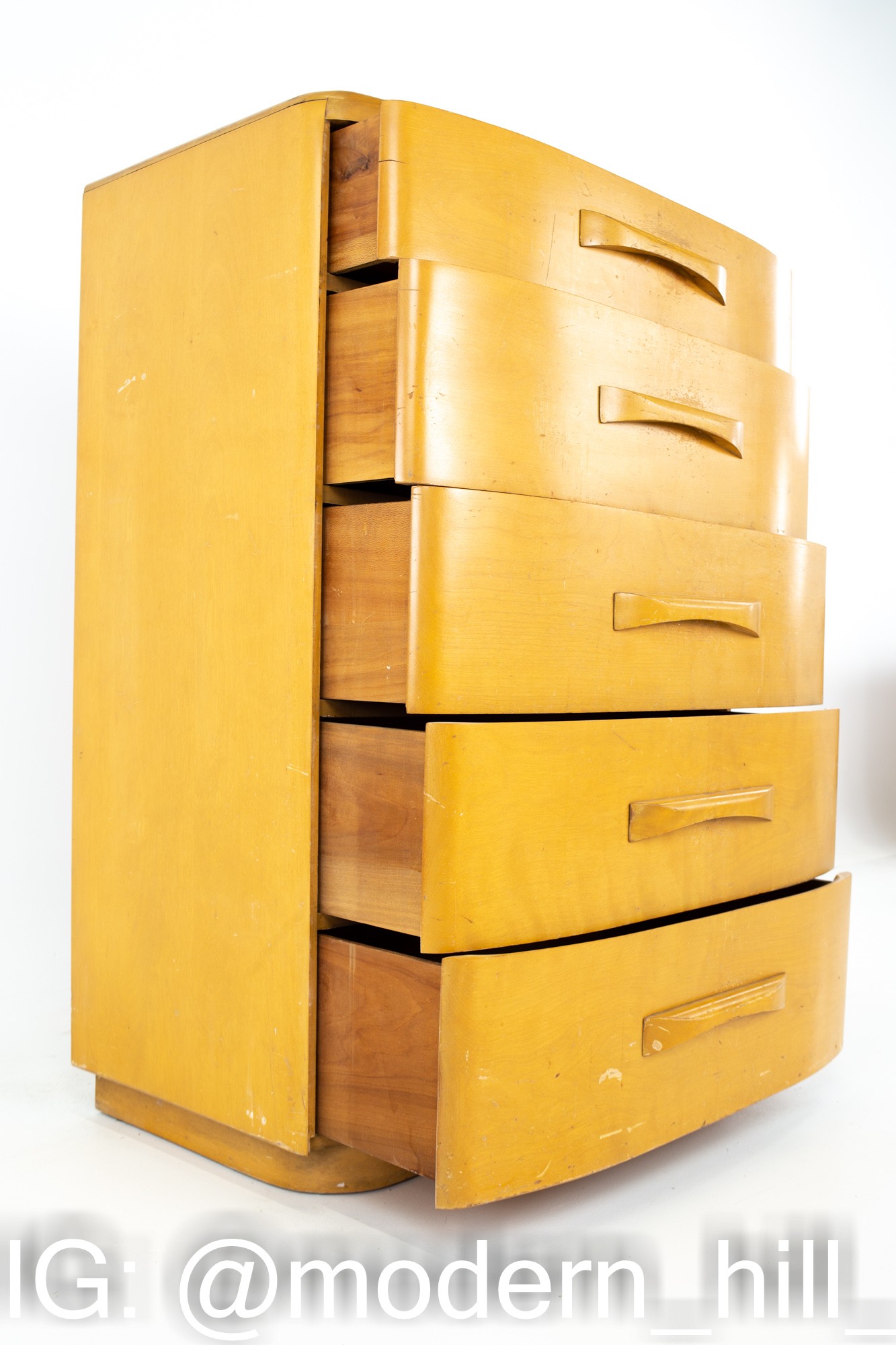 Heywood Wakefield Mid Century Blonde Solid Wood 5 Drawer Highboy Dresser