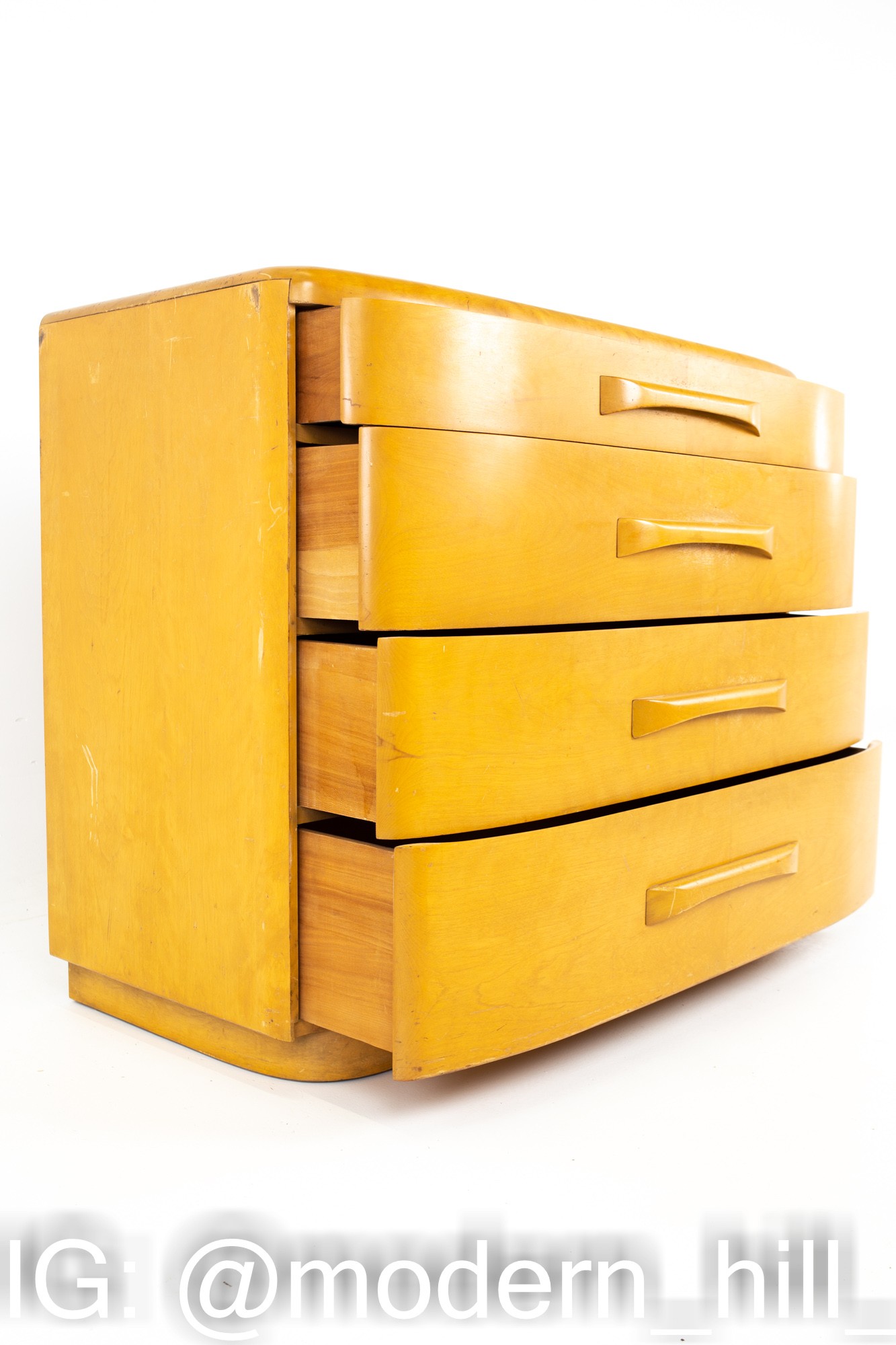 Heywood Wakefield Mid Century Blonde Solid Wood 4 Drawer Lowboy Dresser