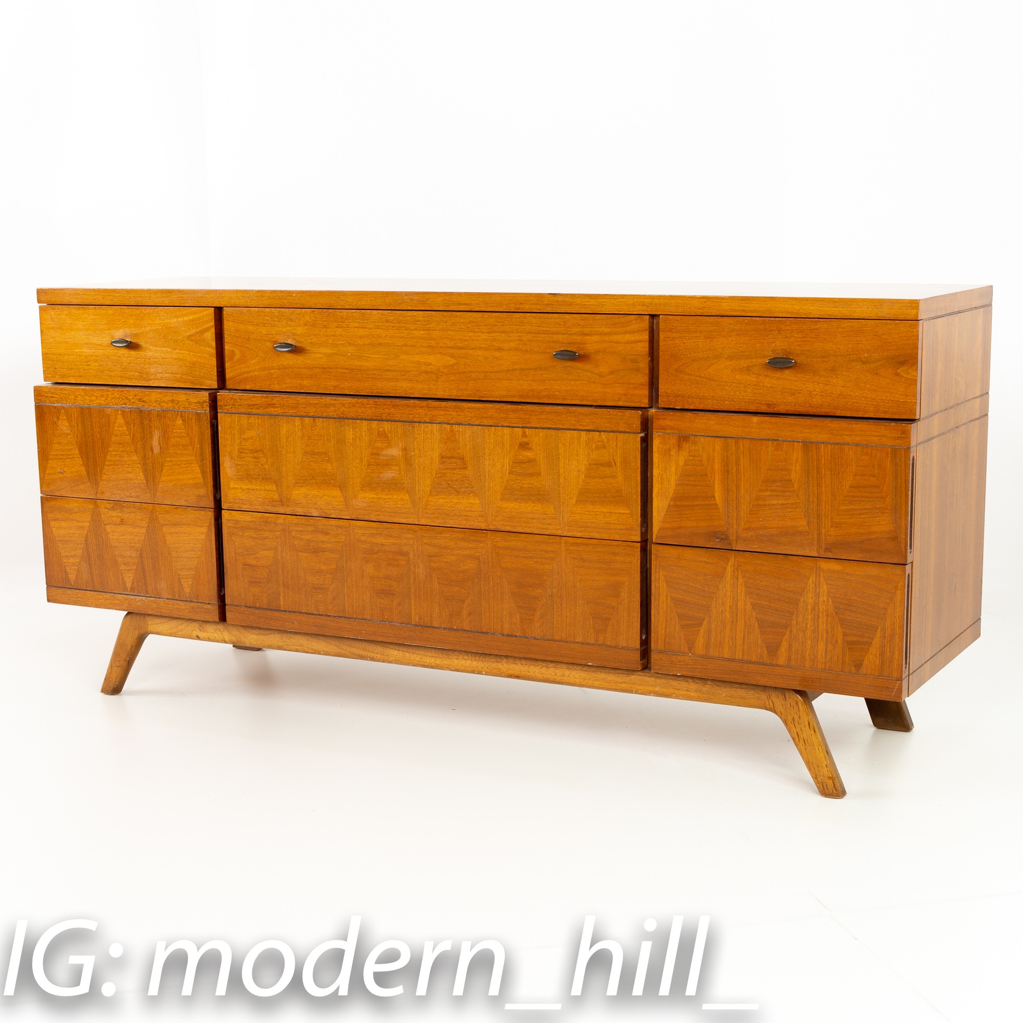 Lane Harlequin Walnut Mid Century 9 Drawer Lowboy Dresser