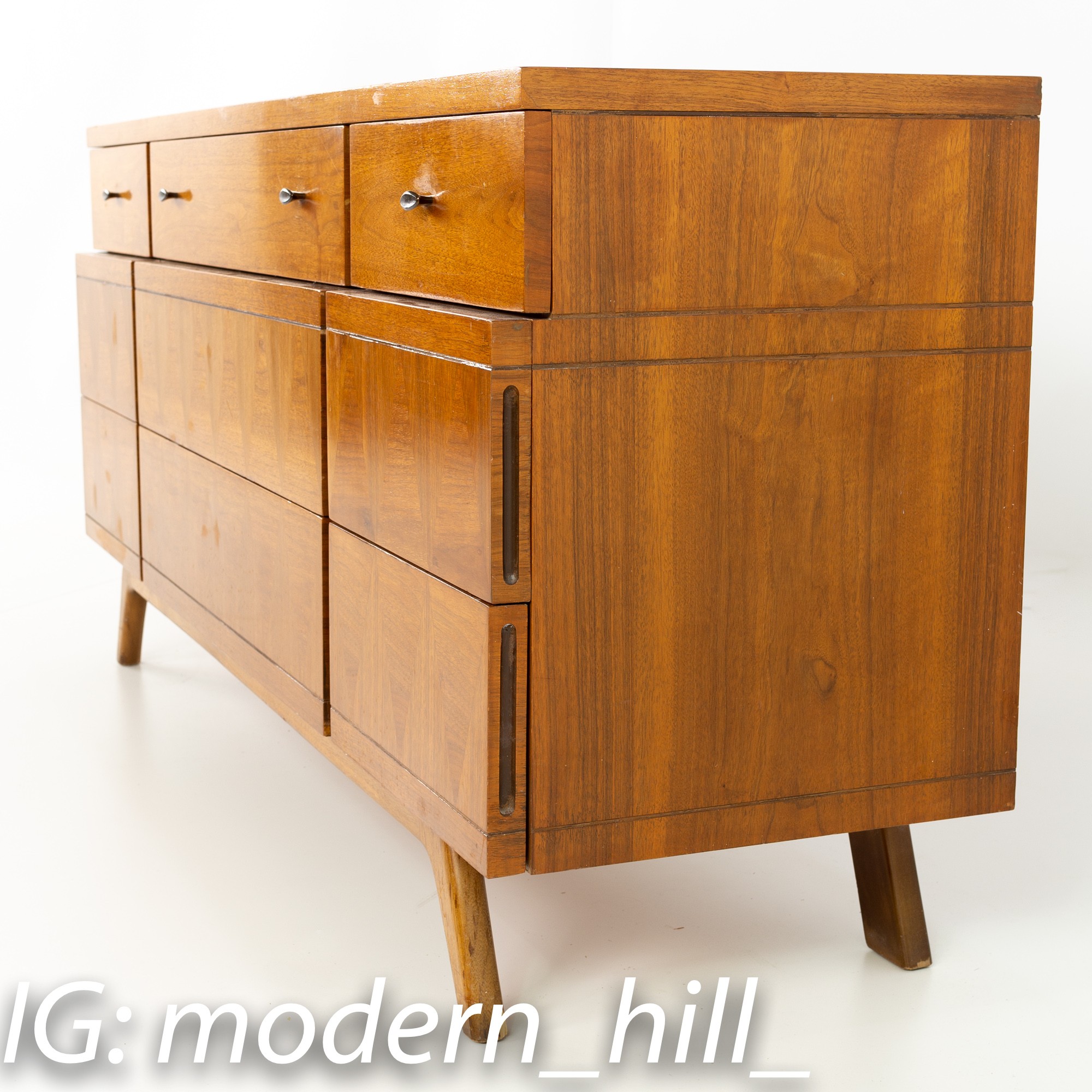 Lane Harlequin Walnut Mid Century 9 Drawer Lowboy Dresser