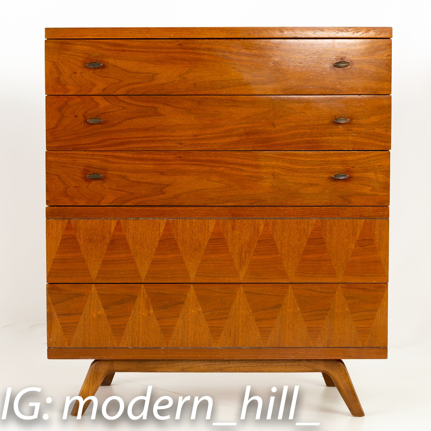 Lane Harlequin Walnut Mid Century 5 Drawer Highboy Dresser