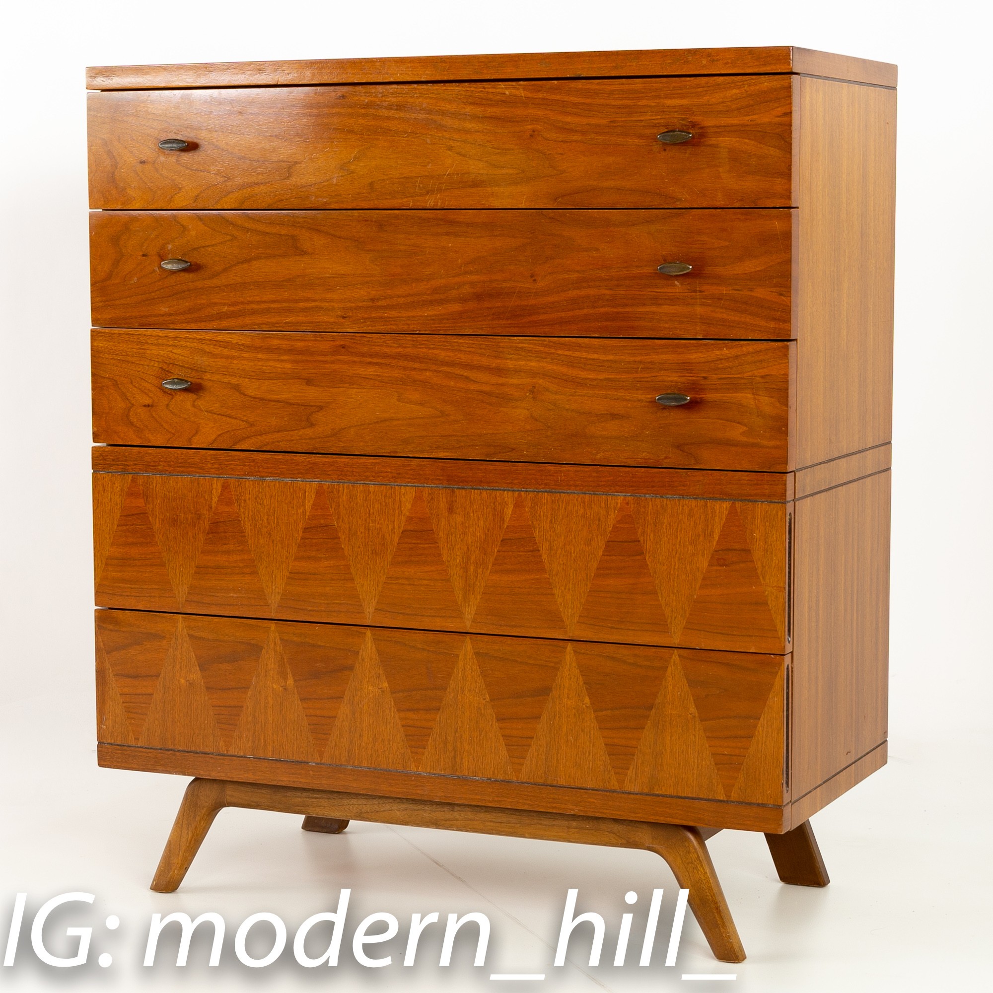 Lane Harlequin Walnut Mid Century 5 Drawer Highboy Dresser