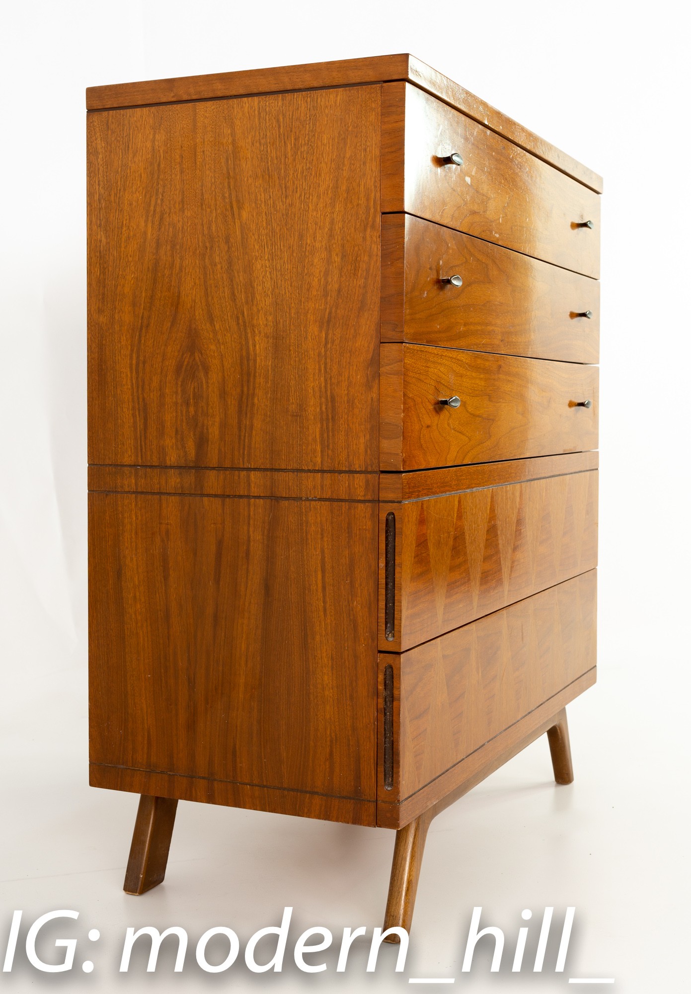 Lane Harlequin Walnut Mid Century 5 Drawer Highboy Dresser