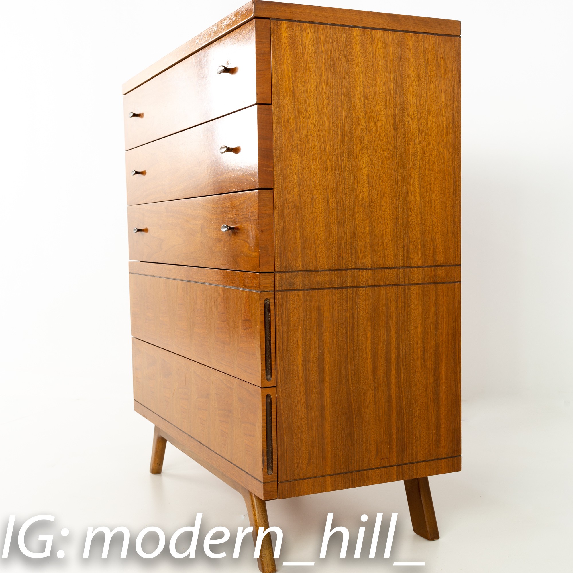 Lane Harlequin Walnut Mid Century 5 Drawer Highboy Dresser
