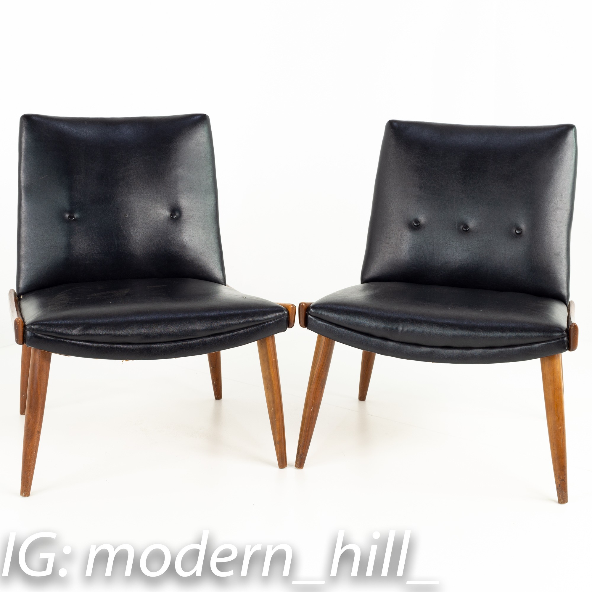 Paul Mccobb Style Kroehler Mid Century Black Vinyl and Walnut Slipper Chairs - Pair