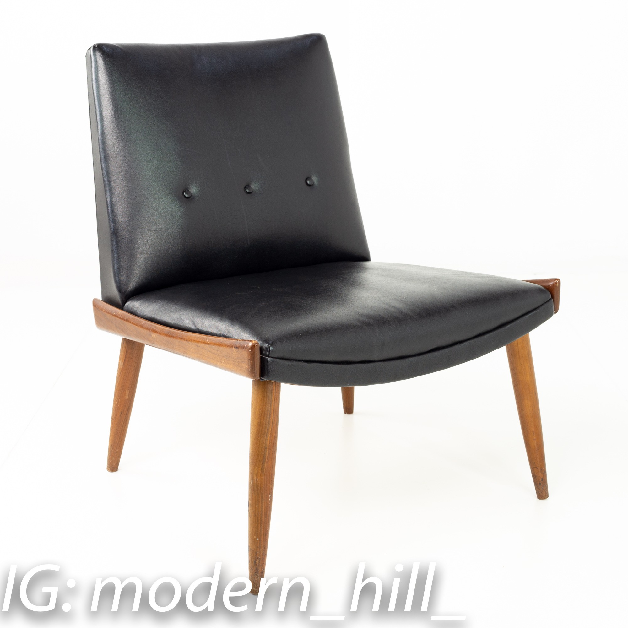 Paul Mccobb Style Kroehler Mid Century Black Vinyl and Walnut Slipper Chairs - Pair