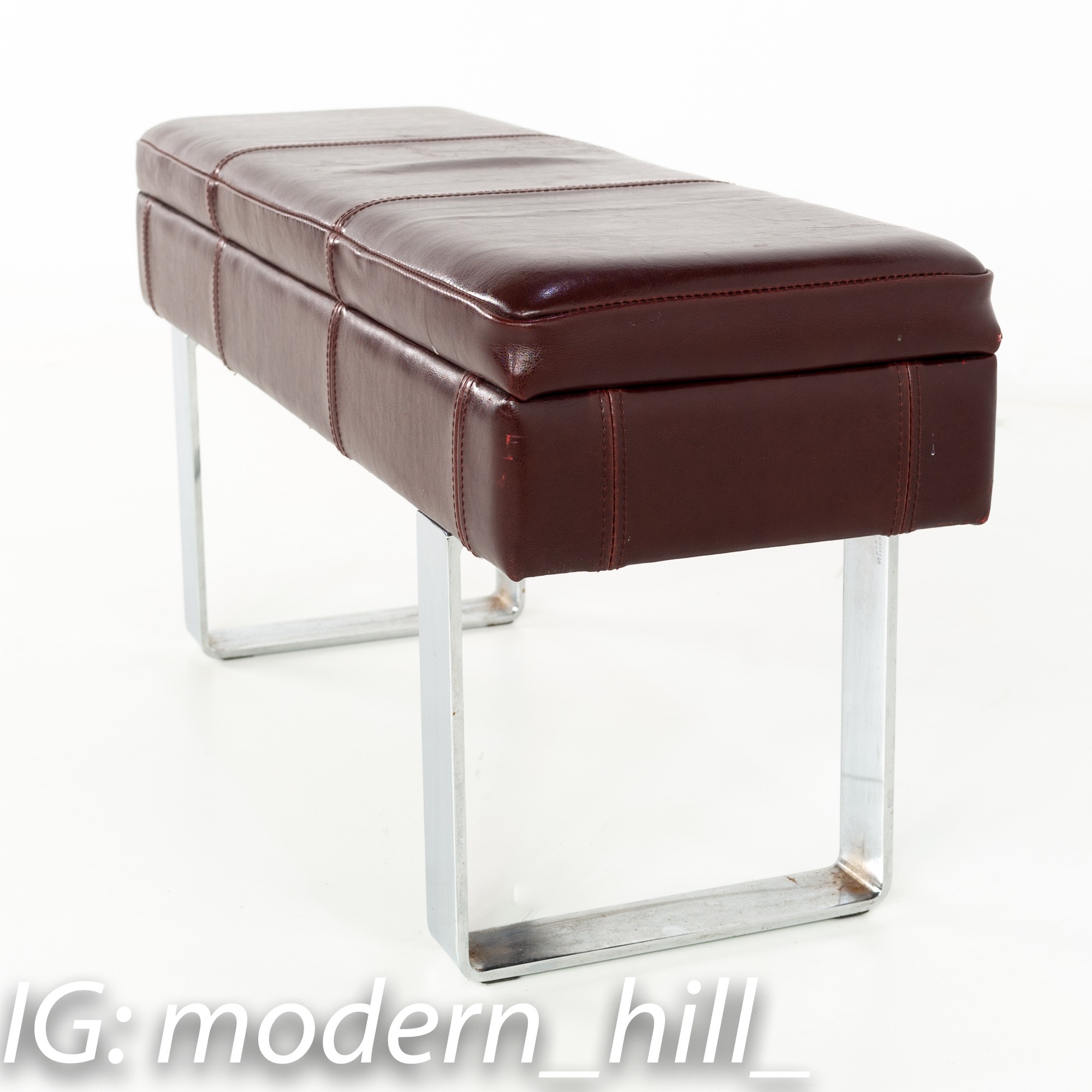 Mid Century Milo Baughman Style Maroon Leather Bench