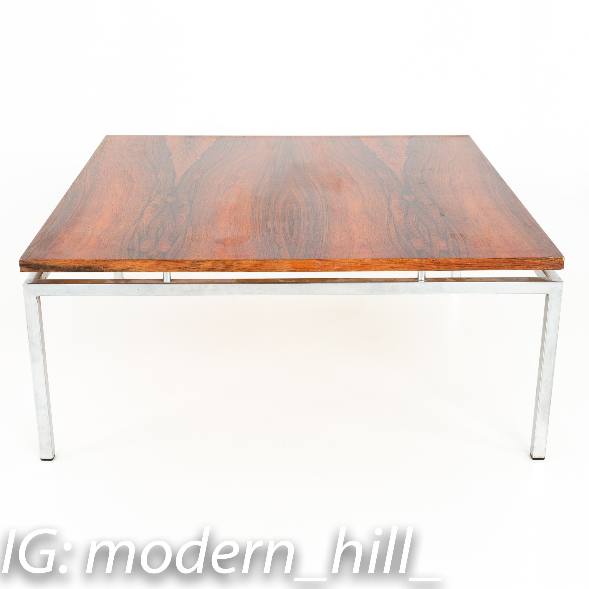 Milo Baughman Style Mid Century Chrome and Rosewood Square Coffee Table