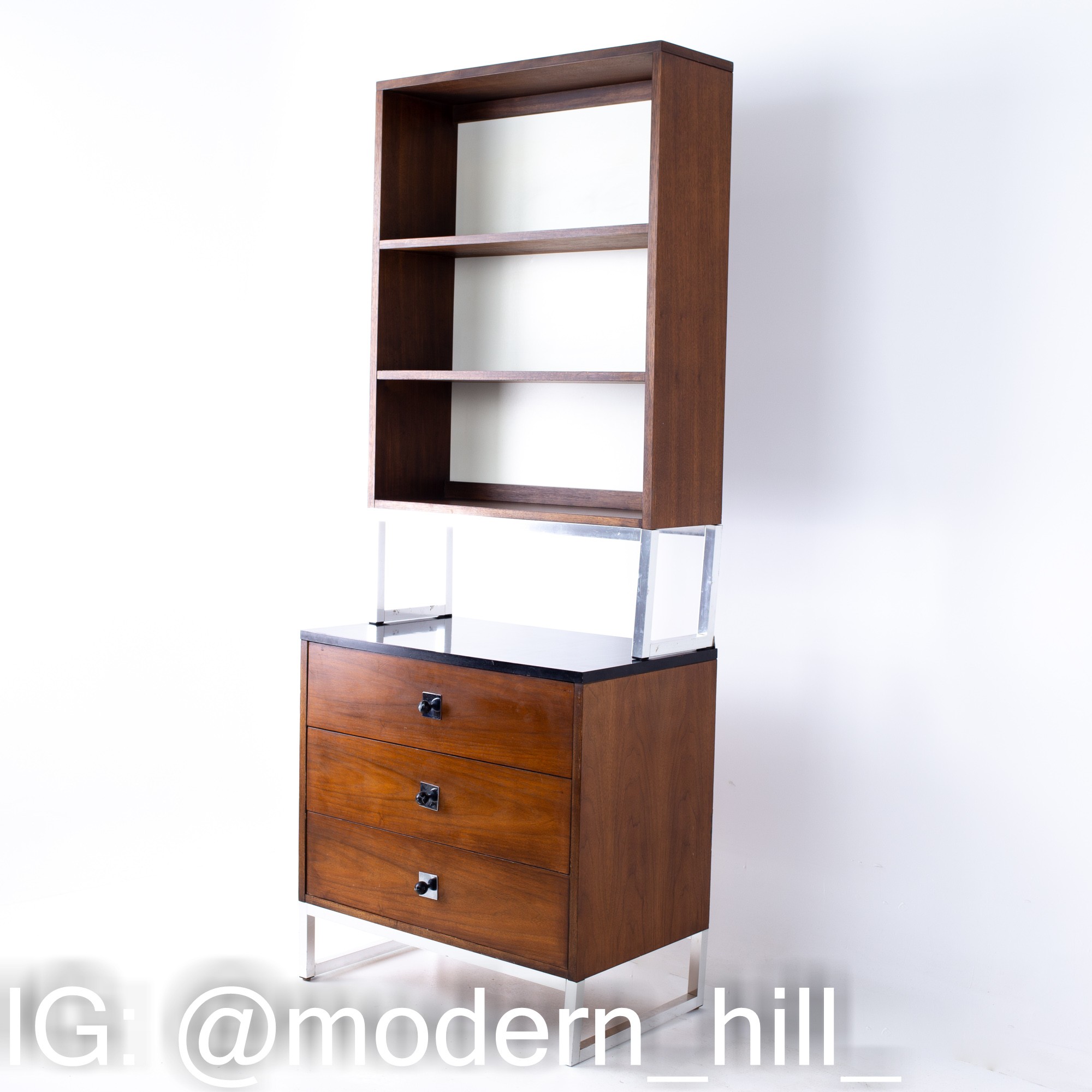 George Nelson Style Thomasville Mid Century Walnut Chrome and Black Formica Book Case