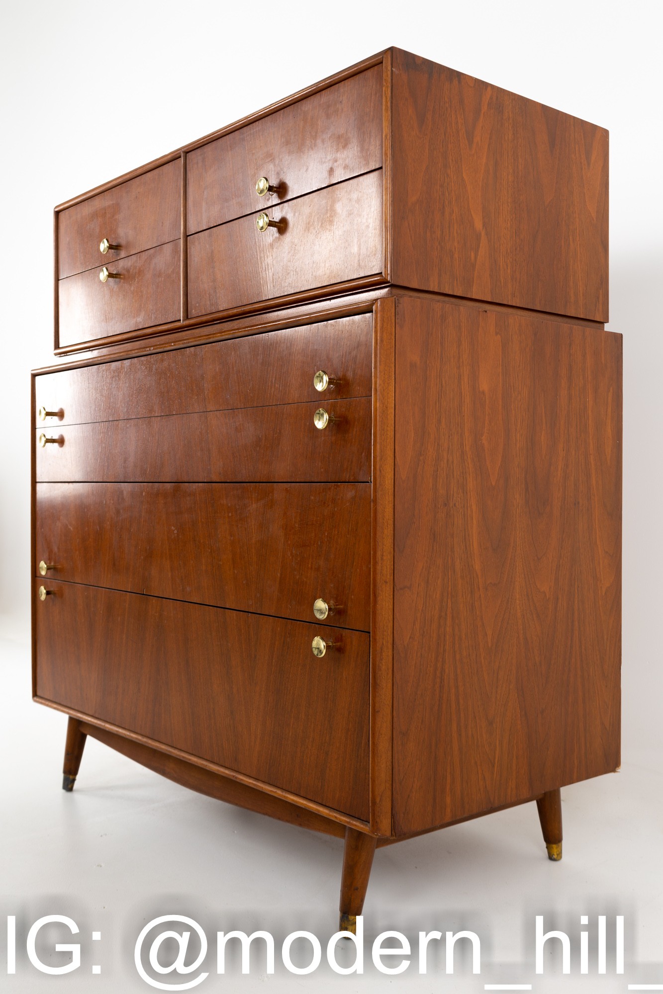 Kroehler Signature Series Style Mid Century Walnut and Brass Highboy Dresser
