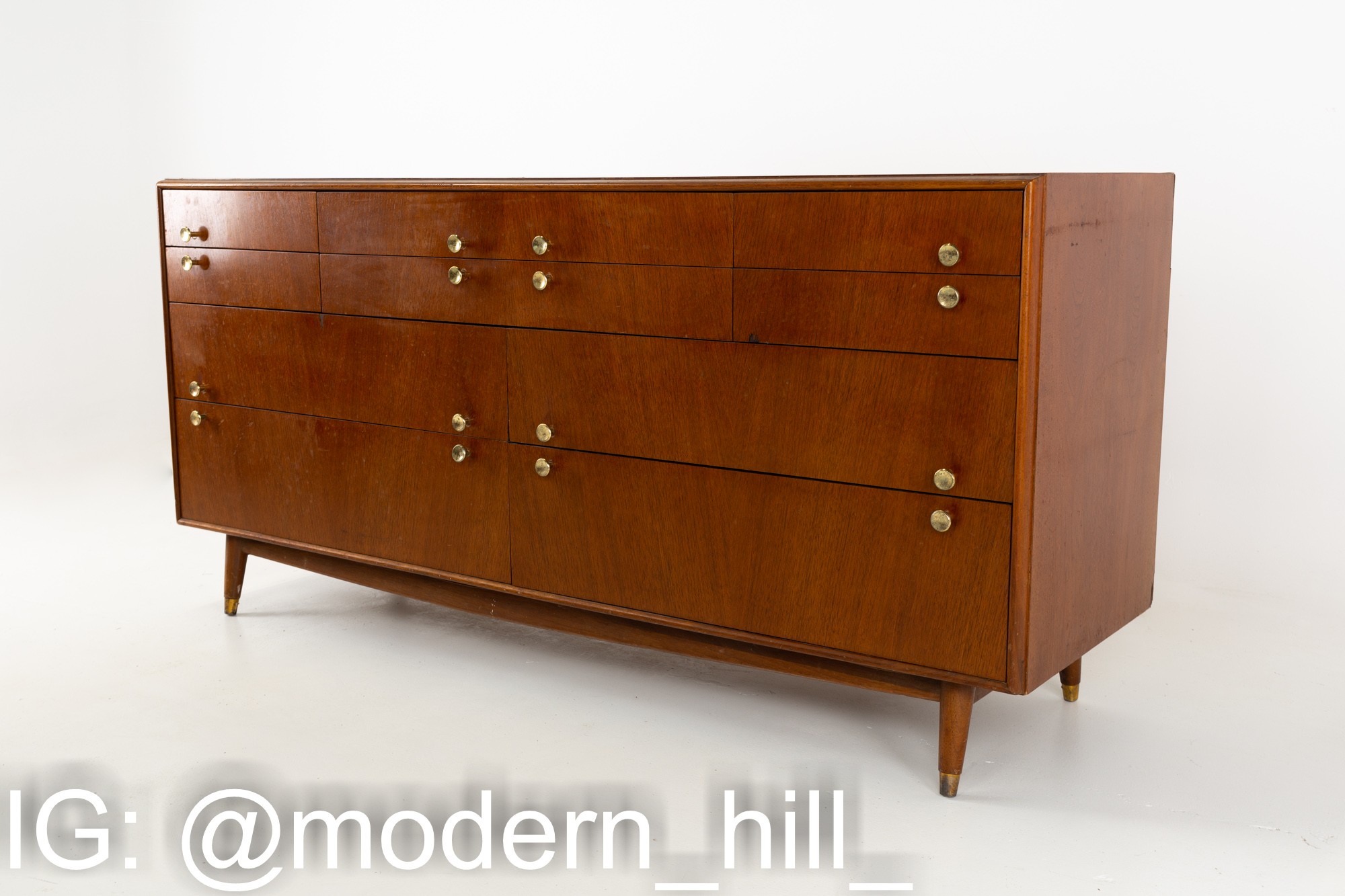 Kroehler Signature Series Style Mid Century Walnut and Brass 8 Drawer Lowboy Dresser
