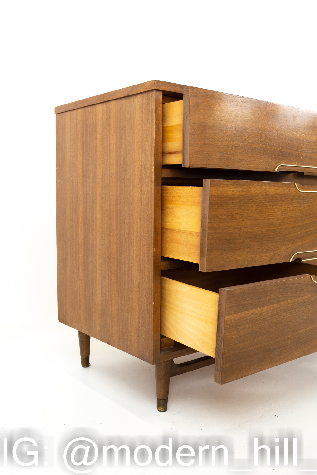 Kroehler Mid Century Walnut and Brass 9 Drawer Lowboy Dresser