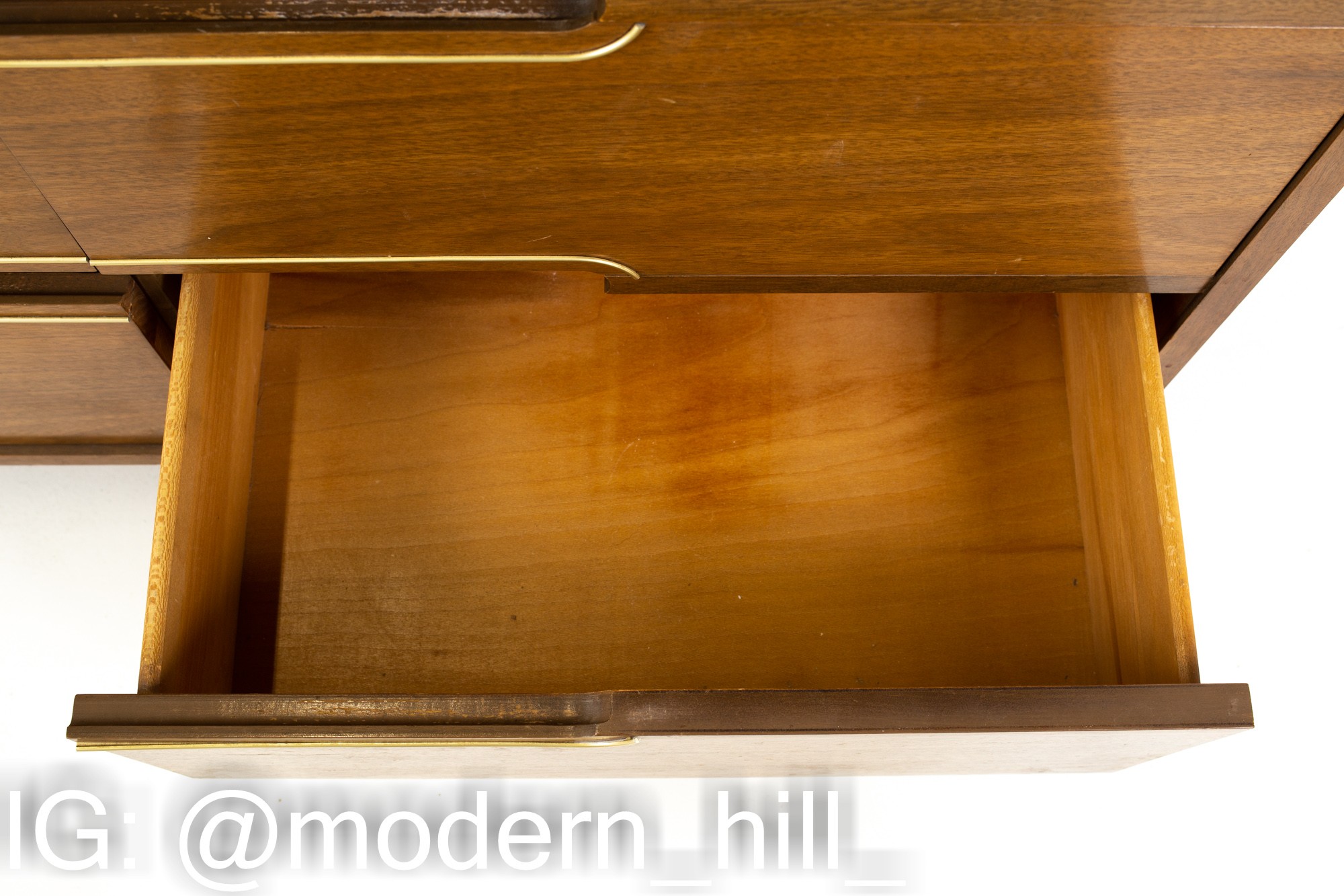 Kroehler Mid Century Walnut and Brass 9 Drawer Lowboy Dresser