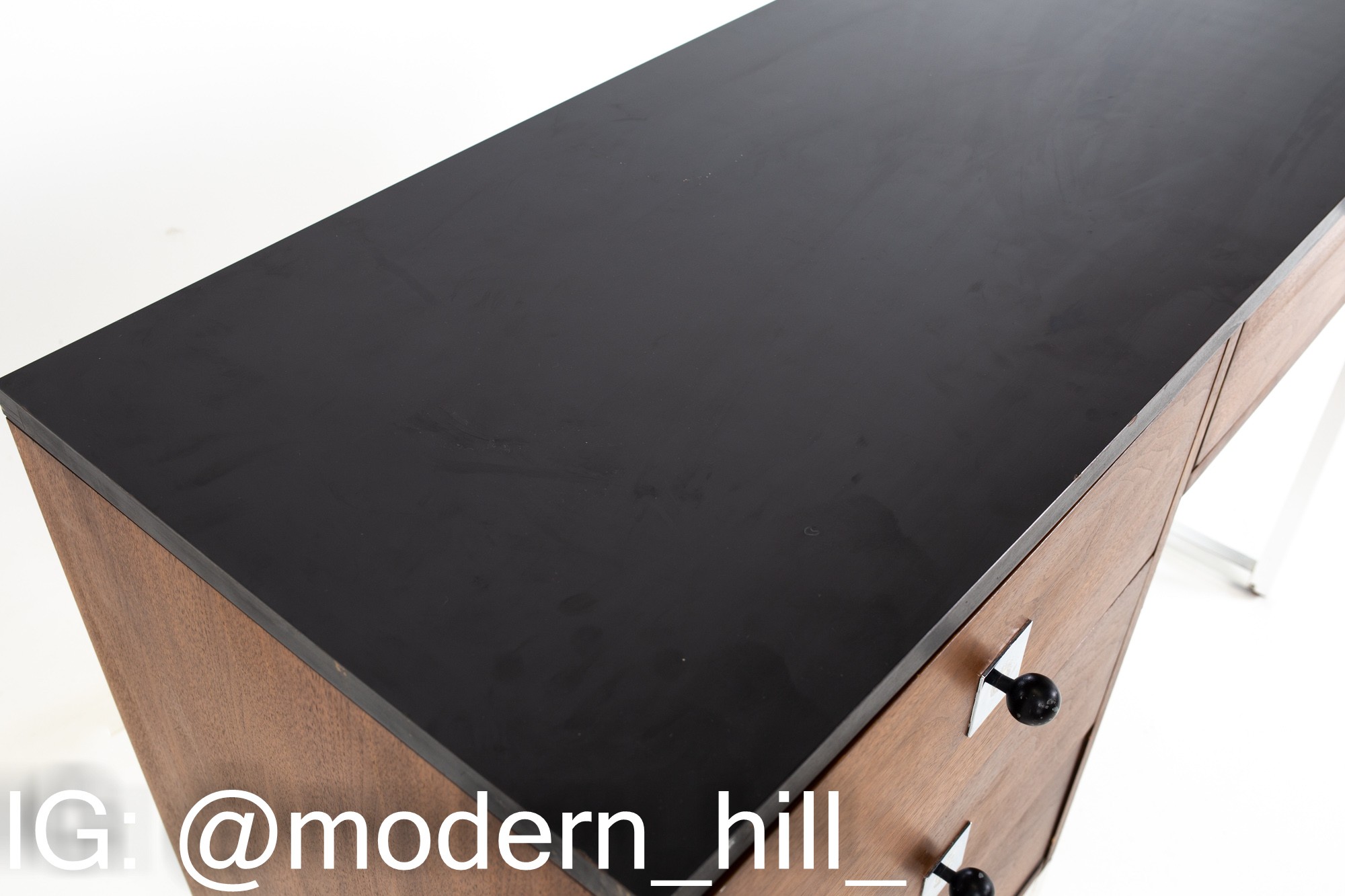 George Nelson Style Thomasville Mid Century Walnut Chrome and Black Formica Desk