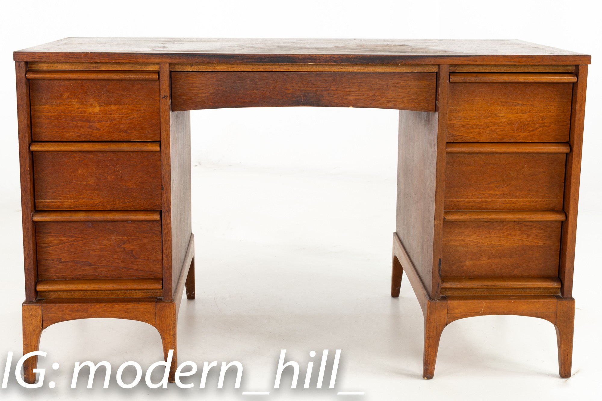 Restored Paul McCobb Style Lane Rhythm Mid Century 6 Drawer Walnut Double Sided Desk