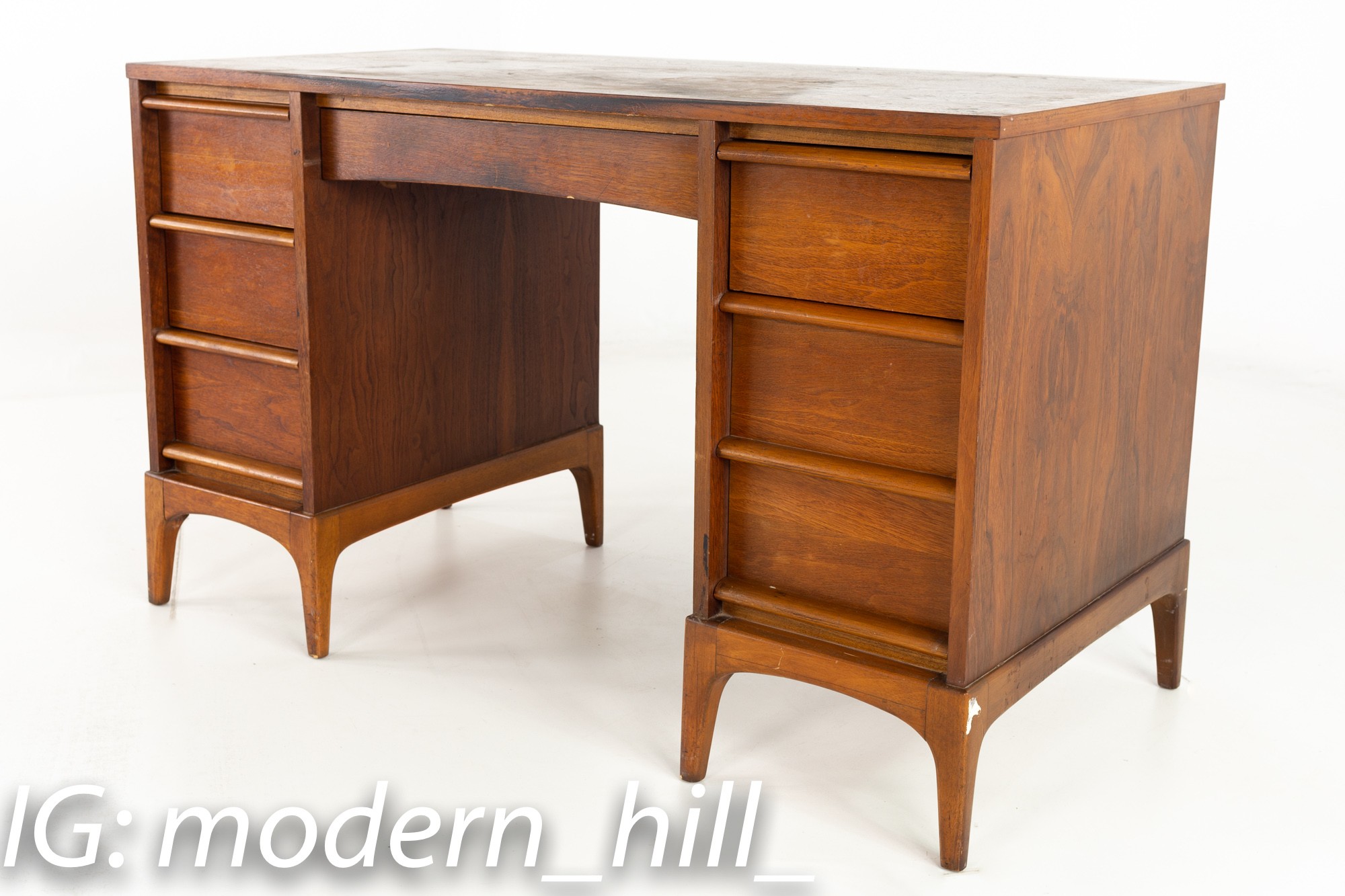 Restored Paul McCobb Style Lane Rhythm Mid Century 6 Drawer Walnut Double Sided Desk